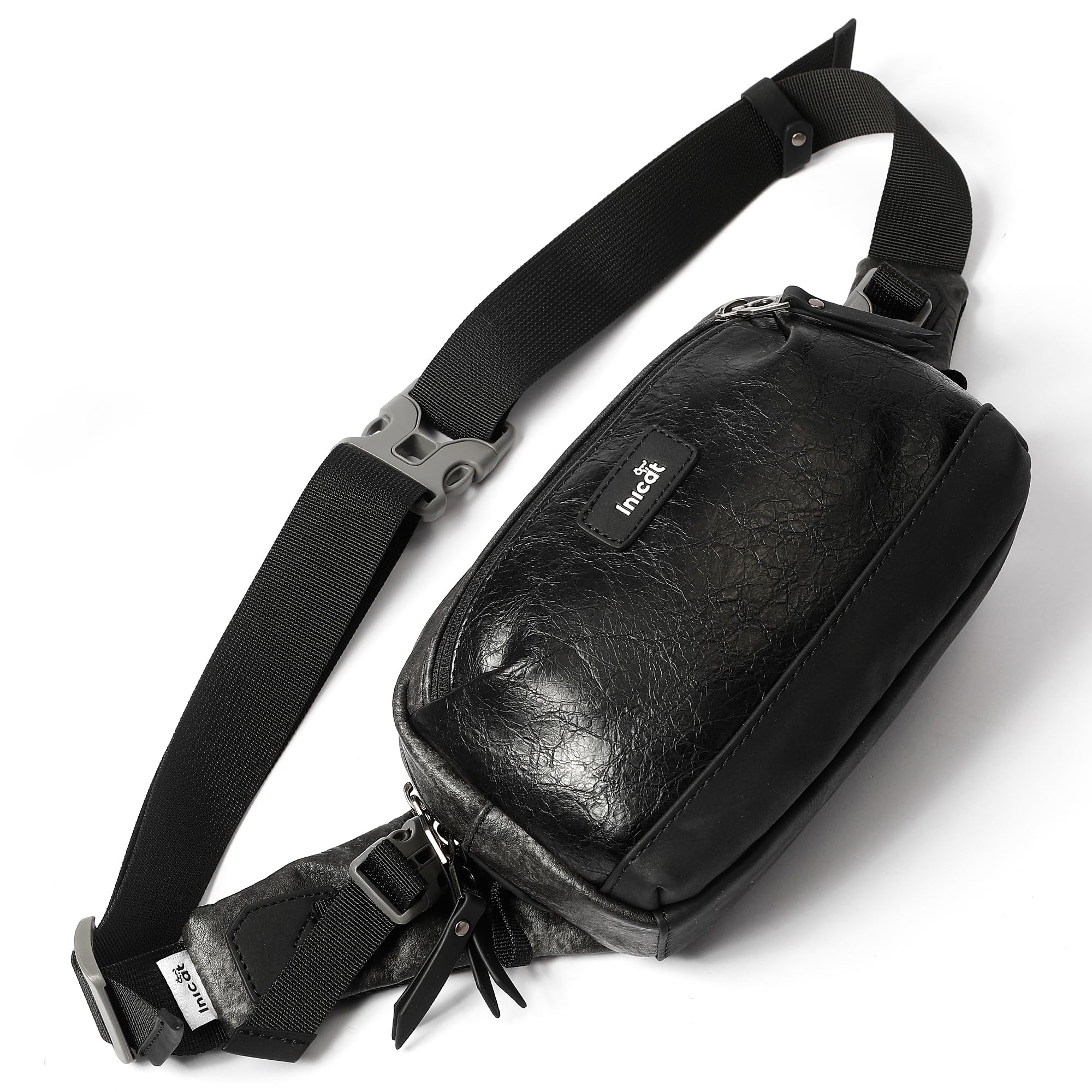 INICAT Small Belt Bag Fanny Packs for Women Men Vegen Leather Fashion Waist Packs for Travel(Black mix)