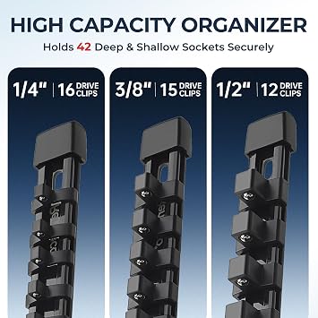 Reniteco 3-Piece Socket Organizer - 1/4-Inch x 16 Clips, 3/8-Inch x 15 Clips, 1/2-Inch x 12 Clips, Heavy Duty ABS Socket Holder, Premium Quality Socket Clip Rail Holder for Tool Box Drawer