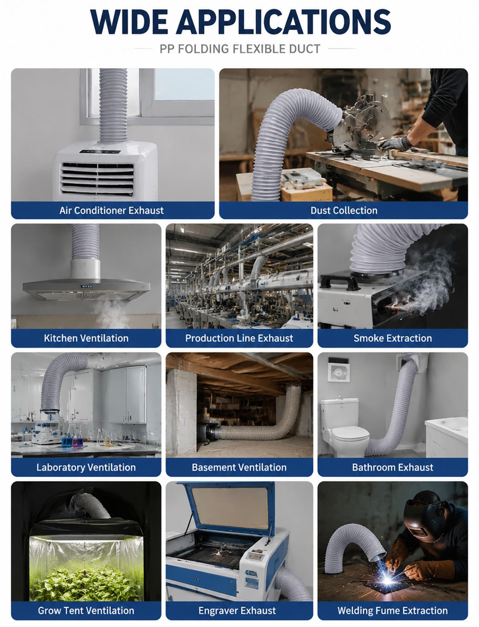 Condotto flessibile pieghevole in PP – Tubo retrattile in filo di acciaio da 4 metri per ventilazione industriale, estrazione di polvere e fumo, diametro 25-250 mm (latte, ID 50 mm)