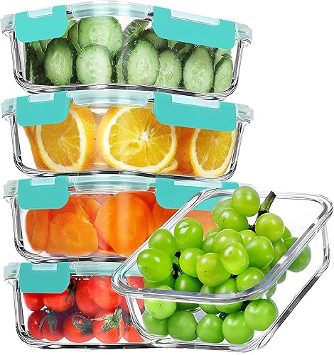 VERONES Paquete de 5 recipientes de vidrio de 36 onzas para preparación de comidas, juego de recipientes herméticos de vidrio para el almuerzo con