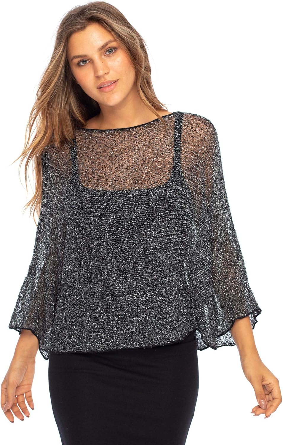 Back From Bali Womens Sheer Shrug Dressy Poncho Top Lightweight Mesh Knit Sweater Dolman Sleeves