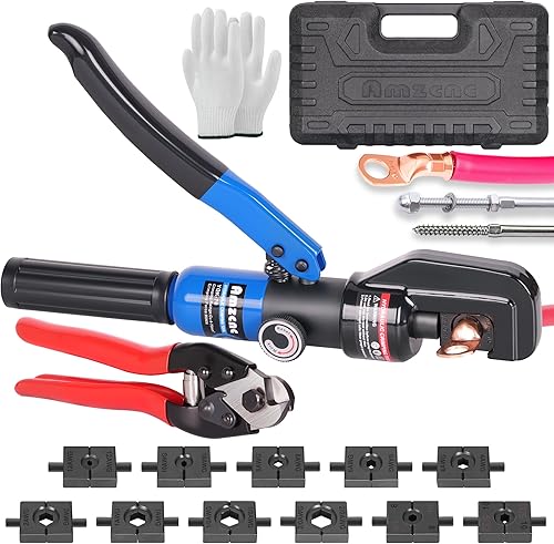 AMZCNC Herramienta de prensado hidráulico con 9 troqueles de engaste de cable estándar americano para 12 AWG a 2/0 AWG y 2 troqueles de cuerda de