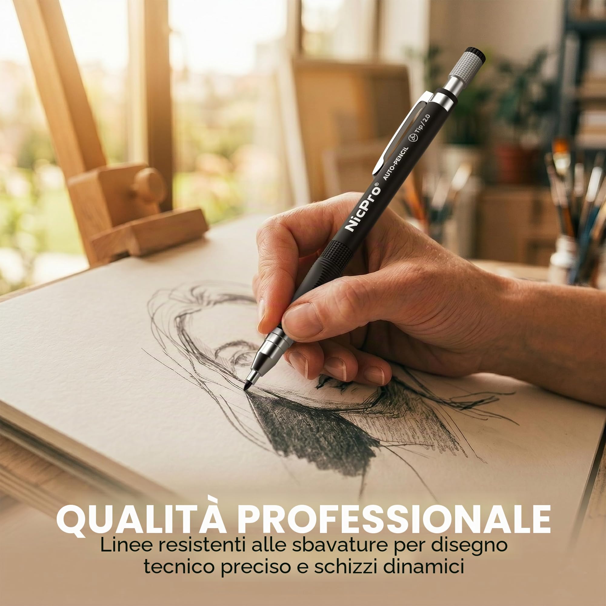 Nicpro 6 Pezzi 2mm Matite Meccaniche Set con 16 Tubo Mine HB & 2B, Gomma, Temperamatite per Artista, Disegno