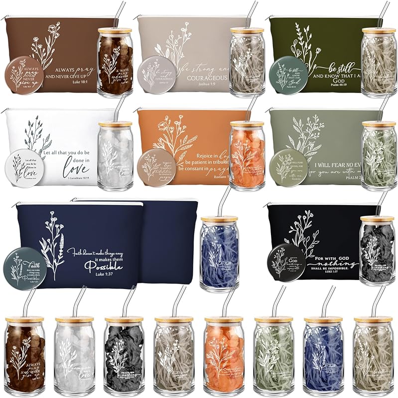 Fumete Conjunto com 8 Kits de Presentes Religiosos com Bolsas, Copos de Vidro e Espelhos Compactos