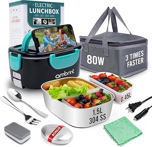 Fiambrera eléctrica de 80 W para adultos  Fiambrera térmica y calentador de alimentos portátil con recipiente de acero inoxidable de 1.5 L