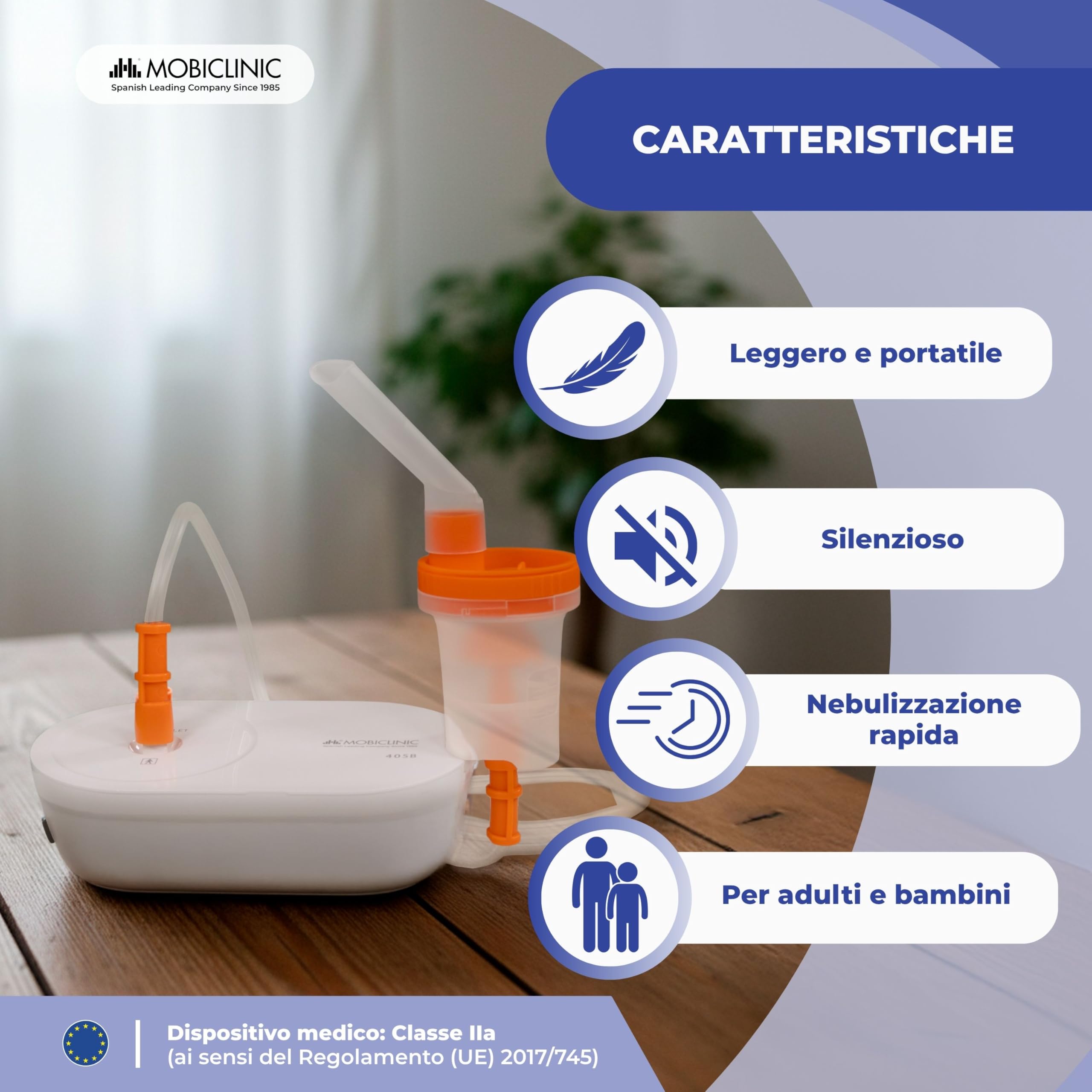 Mobiclinic®, Aerosol Portatile, Adulti e Bambini, Boccaglio e 2 Maschere, Velocità Massima 0,2 ml/min, Silenzioso, Volume 3,9 ml, Portatile, Asma, Allergie, Nebumobi2