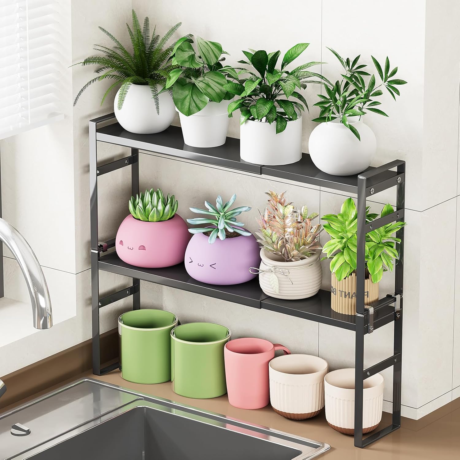 2 Pack Expandable & Stackable Shelf Organizer with Anti-Detach Buckle, for Over-Sink Storage, Kitchen Counter, Windowsill Plants & Bathroom Vanity — The Ideal Narrow Tall Solution for Tight Spaces