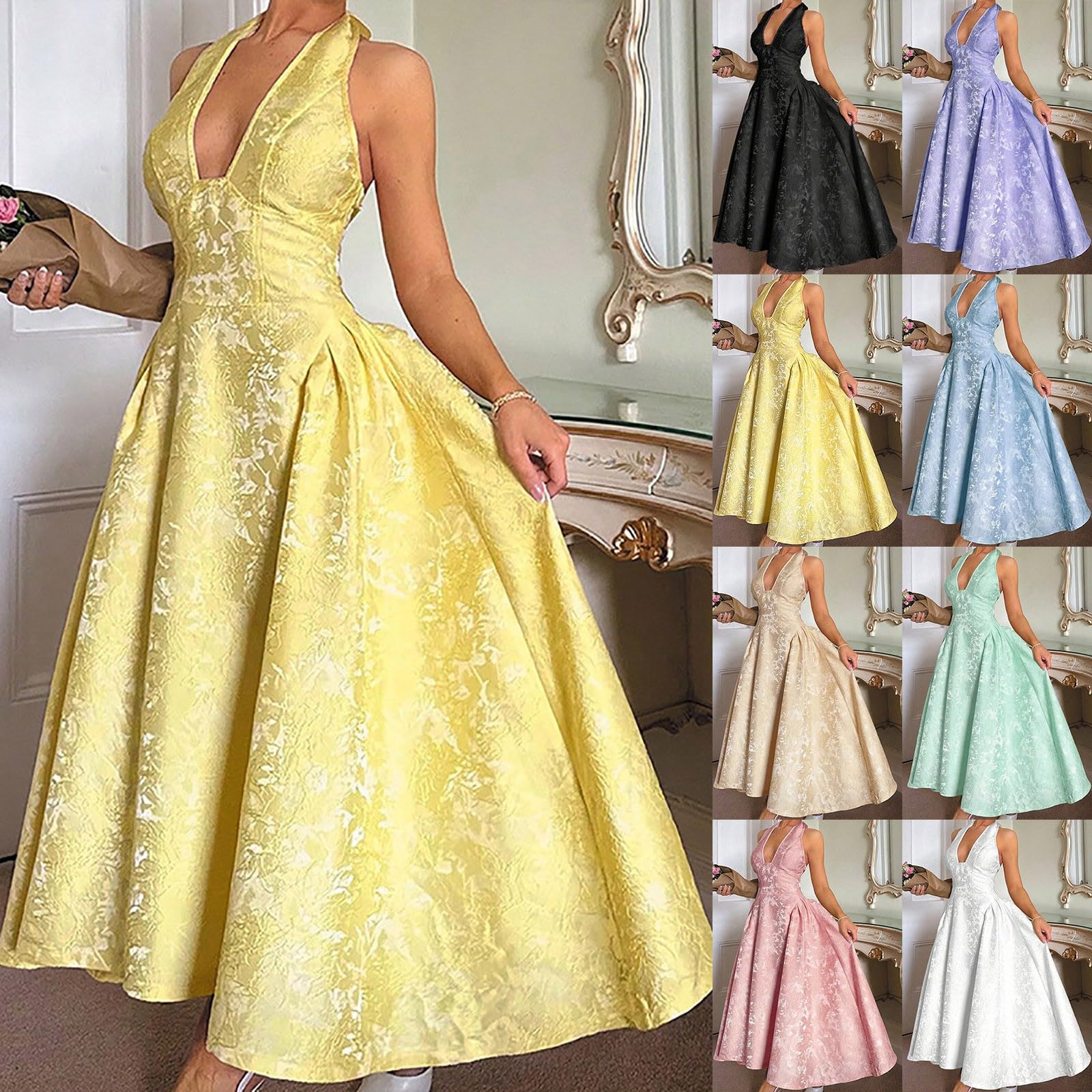 Vestido de noche para mujer, sin mangas, cuello en V, vestido de dama de honor con estampado jacquard 3D, vestido de cóctel, vestido maxi, línea A, vestido largo envolvente, vestido de fiesta