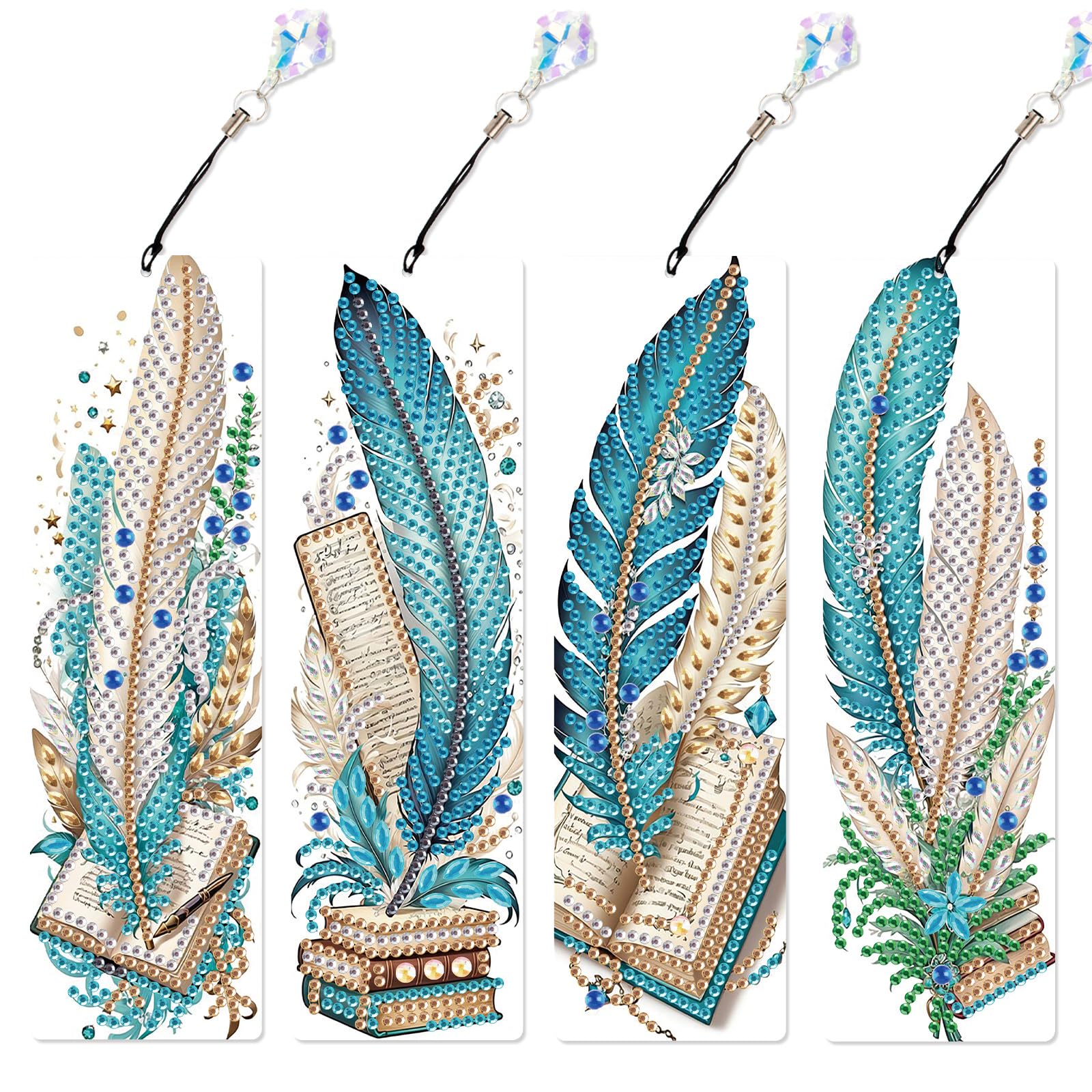 4-Pack 5D Diamond Painting Bookmarks Kit, Peacock Feather DIY Diamond Art Bookmarks with Rhinestones and Tassels, Creative Bookmark Making Set for Adults, Gift for Book Lovers