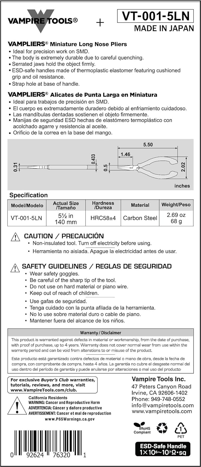 VAMPLIERS 5.5" Mini Precision Long Nose Pliers. Made in Japan. Needle Tip, Serrated Jaws, Wire Cutter & ESD Safe Grip. For Precision Work on PCB/SMD Electronics & PC Components/Electronic Repairs. - Image 8