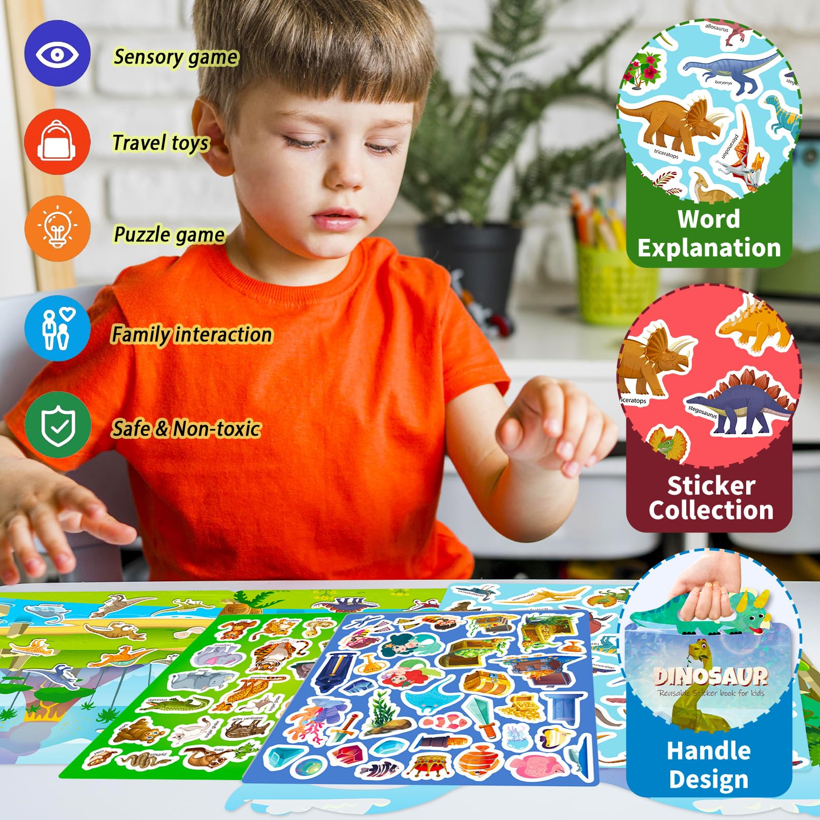 Livre Autocollants Réutilisables DAGORD - 4 Thèmes (Zoo, Animaux Marins, Licornes, Dinosaures) - 154 Stickers Enfant