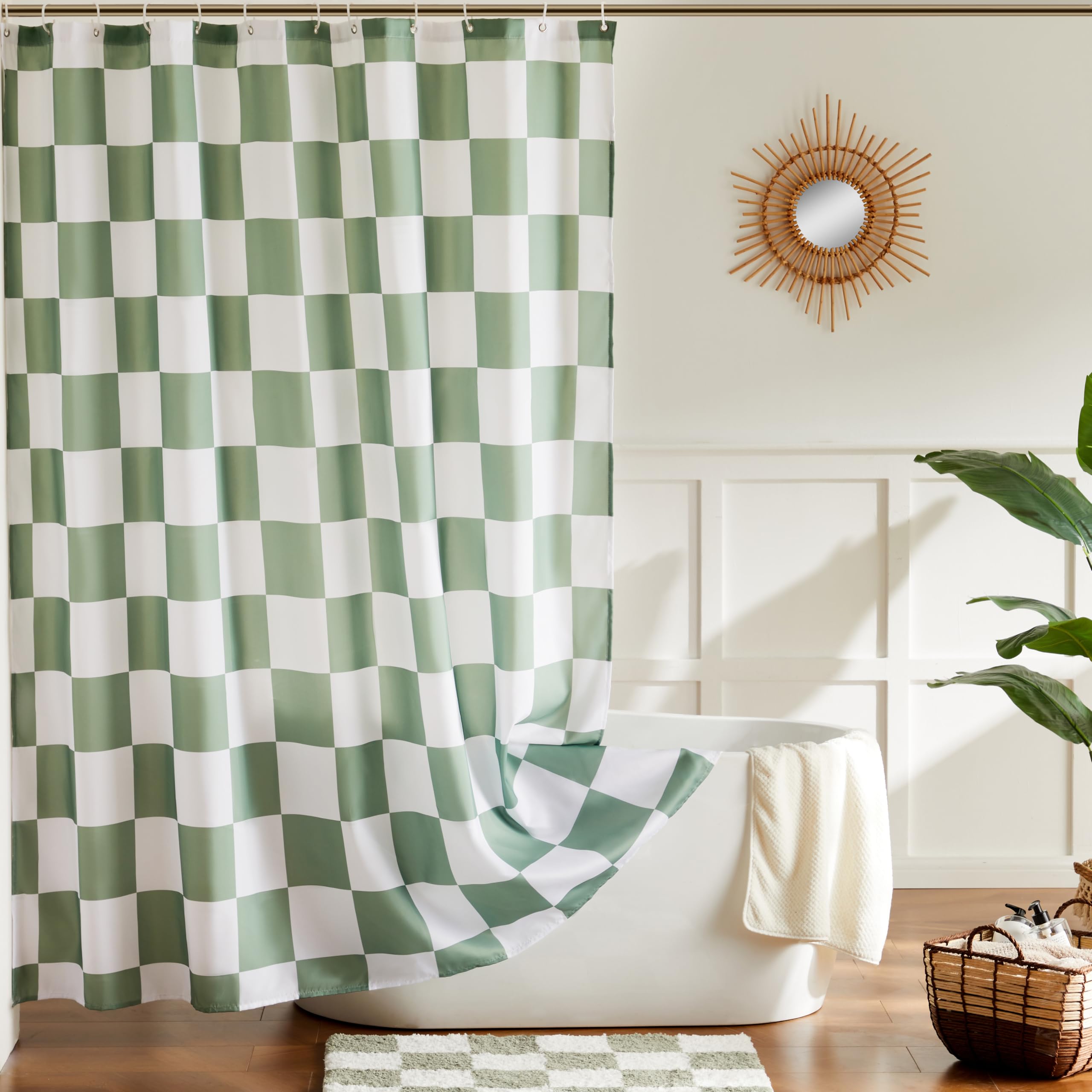 Ohocut Checkered Shower Curtain, Sage Green Shower Curtains for Bathroom Cute Retro Checkerboard Vintage Aesthetic - Image 2