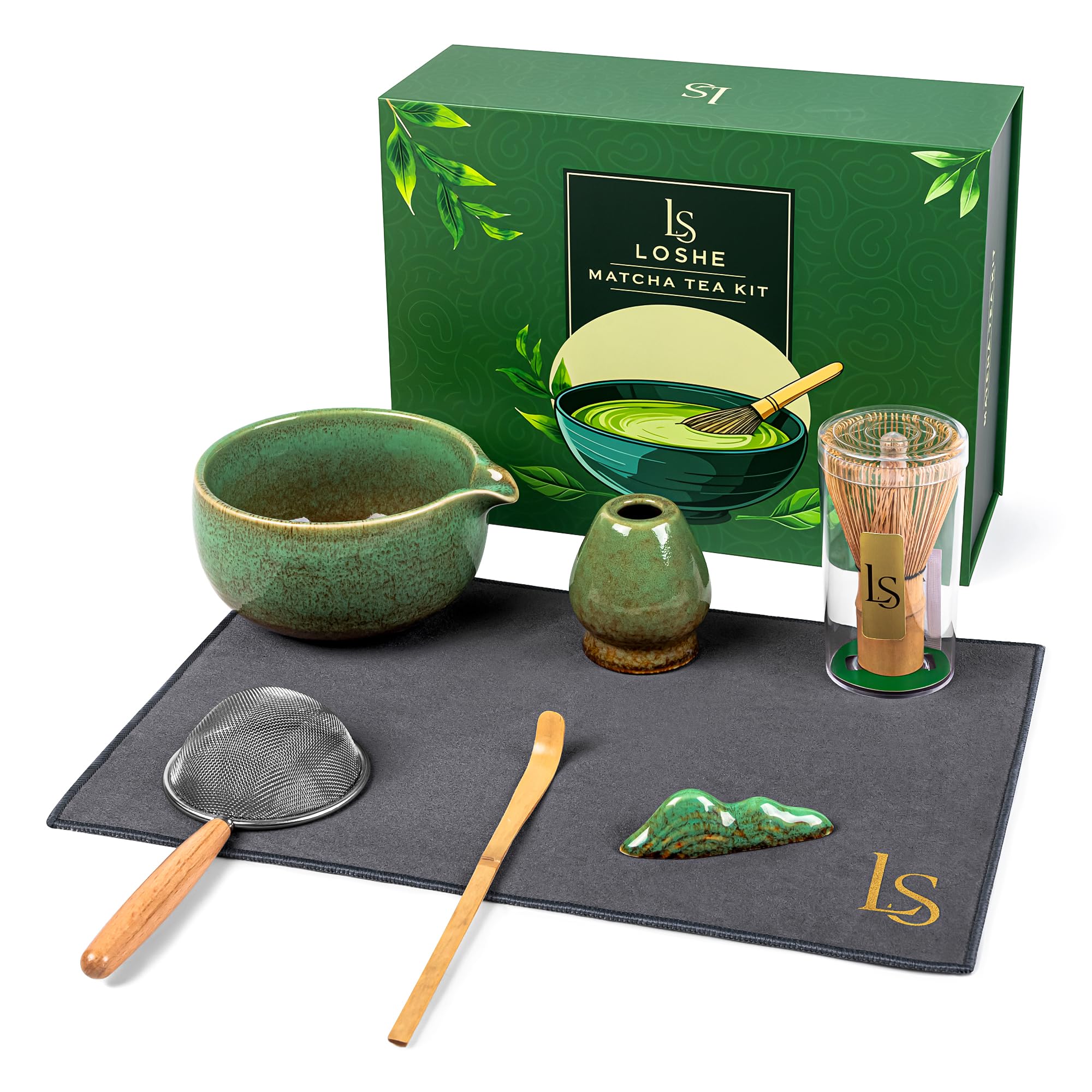 LOSHE Matcha Whisk Set - Bamboo Whisk, 550ml Ceramic Bowl & Sifter - Complete Handcrafted Japanese Matcha Tea Set in Magnetic Gift Box, Starter Kit for Beginners & Matcha Latte Lovers