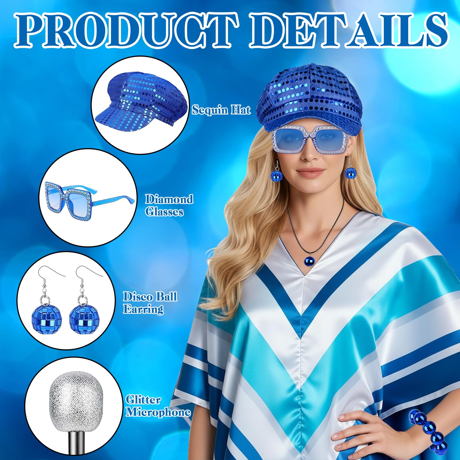 70s Disco Fancy Dress Set for Women 7PCS Retro Sequin Poncho Costume Accessories with Beret Hat, Square Sunglasses - Image 4