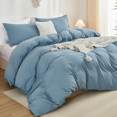Miniatura 3 de Litanika Funda de edredón de algodón tamaño King, color gris y azul, funda de edredón con textura similar al lino, suave y transpirable, juego de