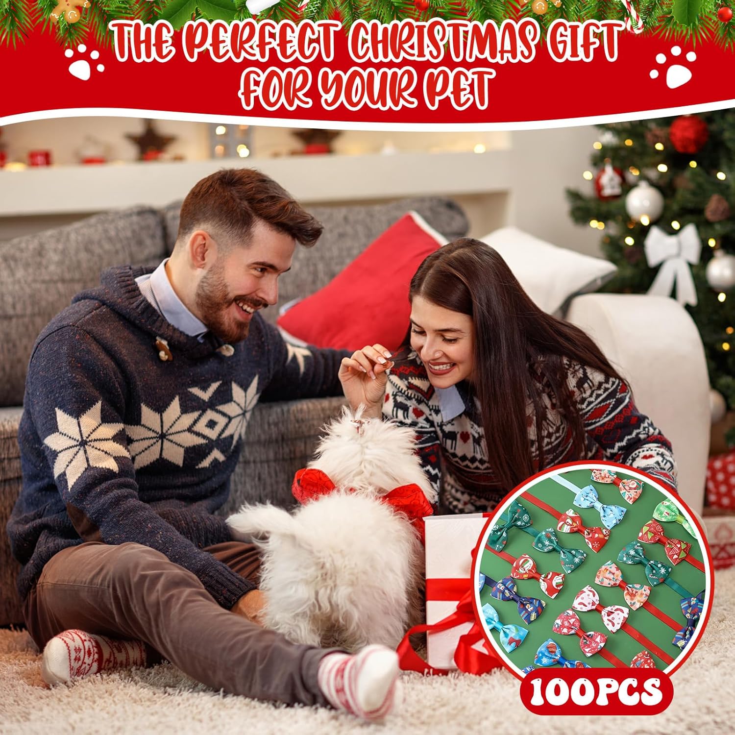 Sadnyy 100 Pcs Christmas Dog Collar Bow Tie Holiday Santa and Snowman Collar for Small Medium Dogs Pets Puppies Christmas Grooming Accessories(Bow Ties)