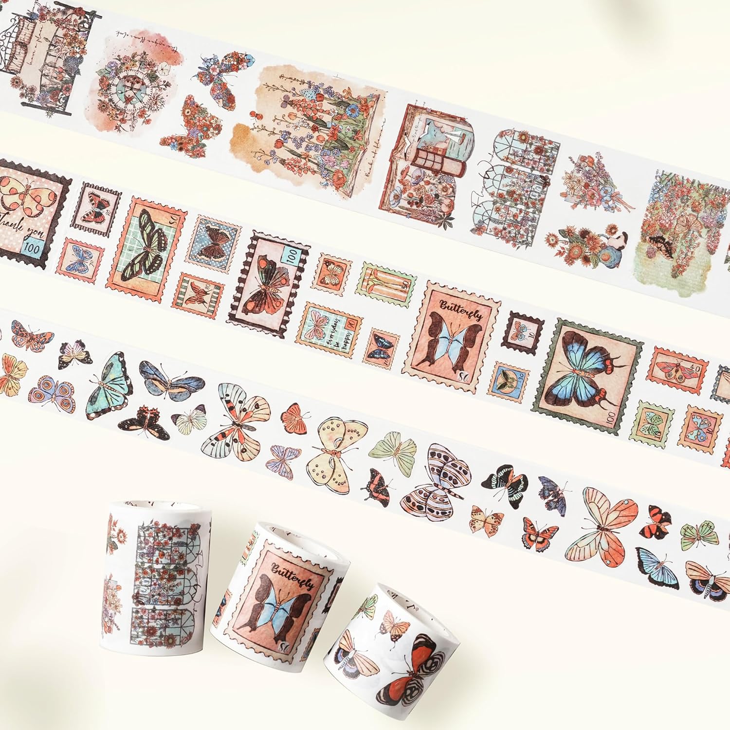 WT Stamped Wings Washi Tape Sticker Set – 3 Rolls Decorative Butterfly & Wing Washi Sticker Tape, Vintage Adhesive Tape for Journaling, Scrapbooking, Planner, DIY Crafts & Wrapping (40mm, 50mm, 60mm)