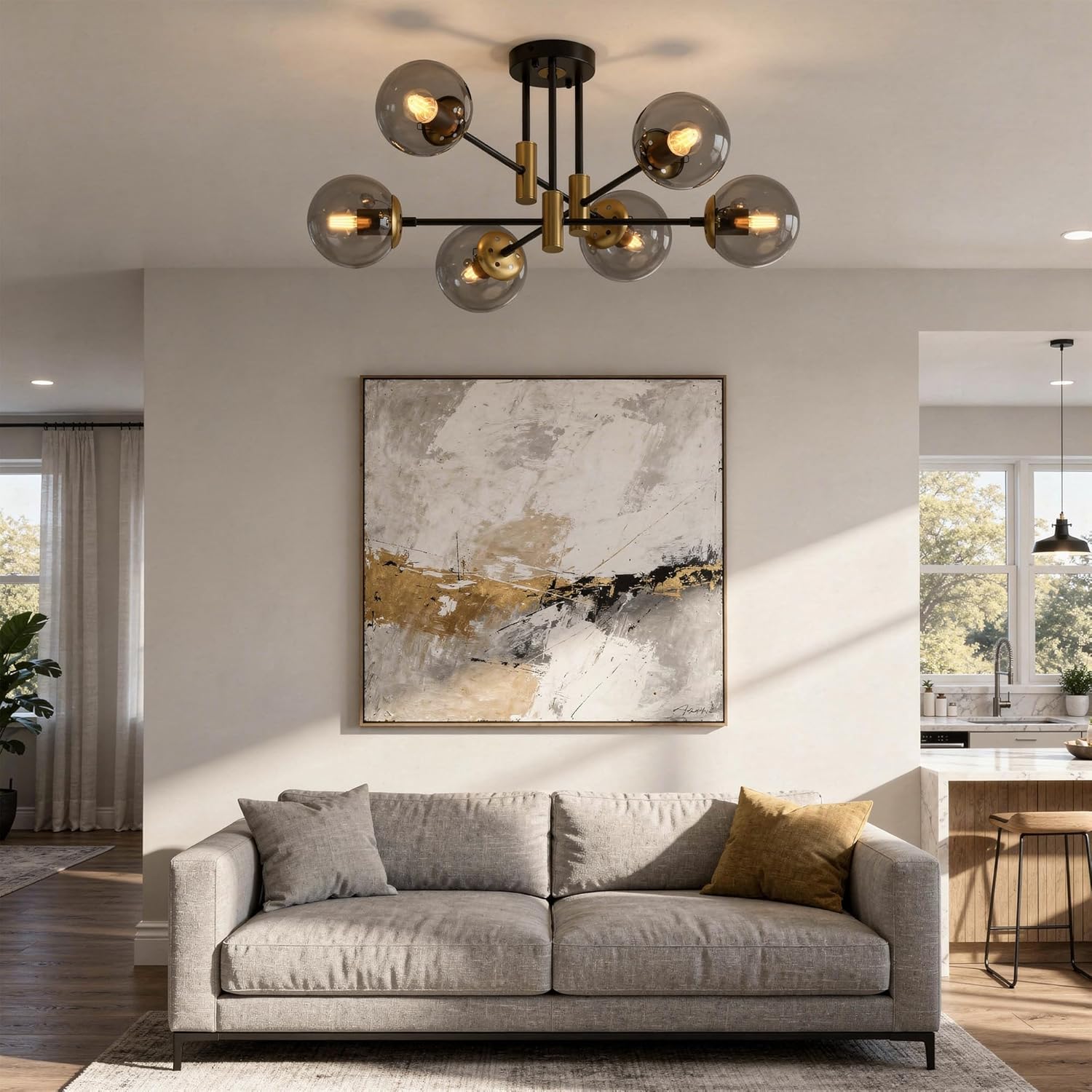 6-Light Sputnik Chandelier Modern Matte Black and Gold Ceiling Light, Glass Globe Hanging Light Fixture for Dining Room, Kitchen Island, Bedroom, Living Room