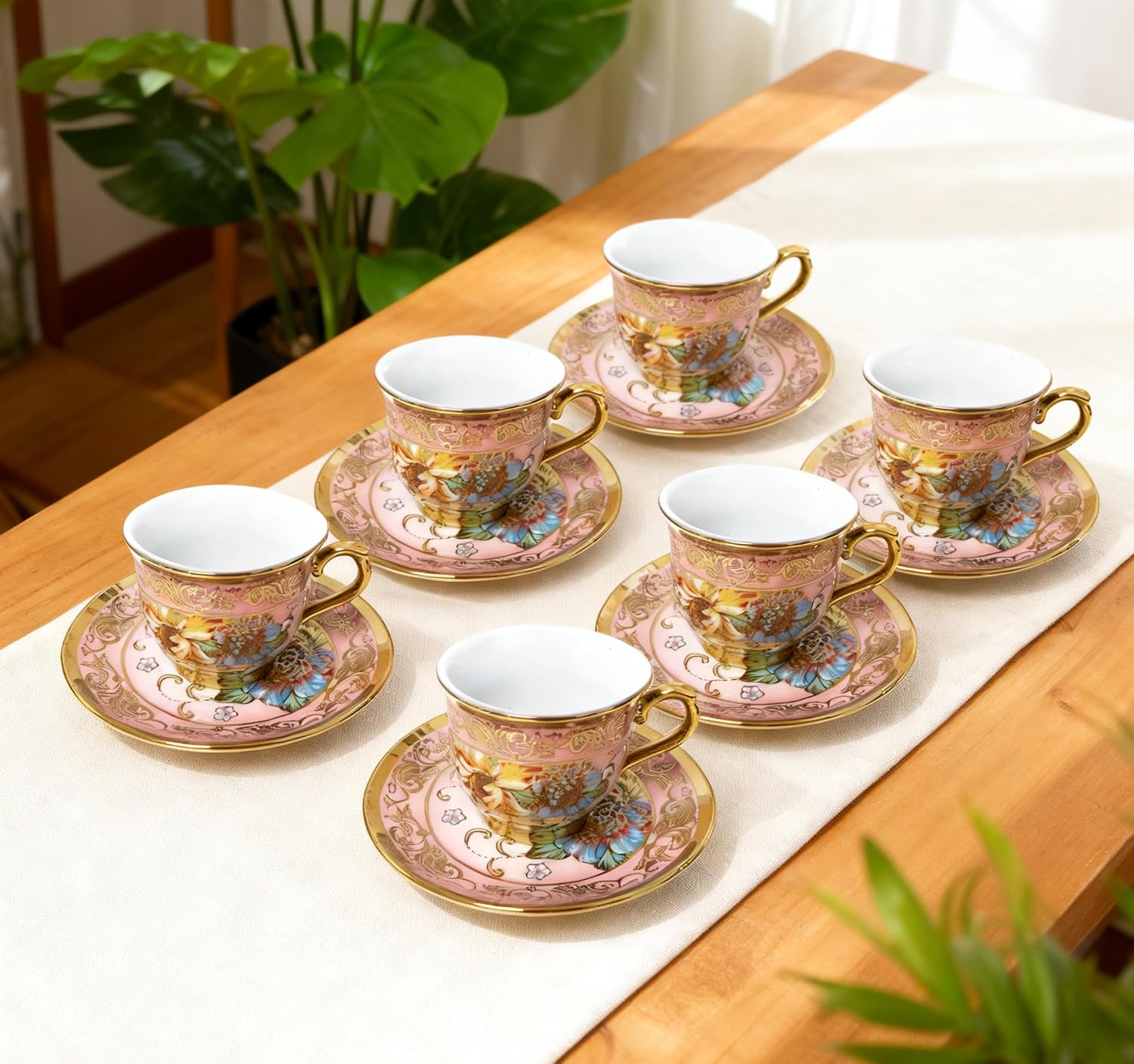 6 Sets 3 OZ Porcelain Bucket Coffee Cup and Saucers, Small Juice Cup & Saucer Pot with Gift Box, Uniform Creamer Milk Pull Flower Frothing Pitchers Ceramic Ware with Handle - Pink