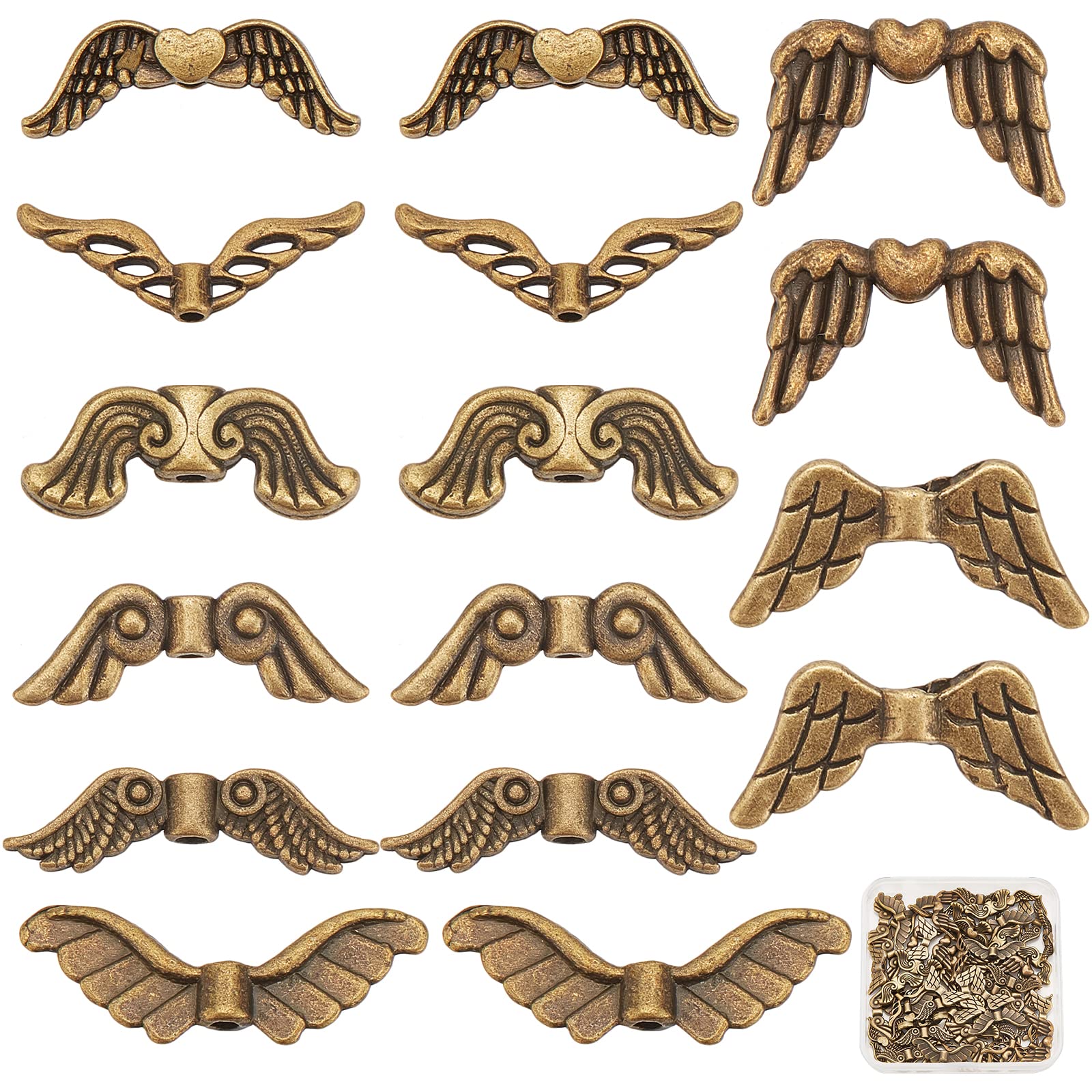 SUNNYCLUE 1 Box 80Pcs 8 Styles Angel Wing Beads Tone Heart Wing Spacer Beads Antique Bronze Golden Tibetan Alloy Charms Fairy Pendants for Jewelry Making Charms DIY Christmas Wedding Decoration