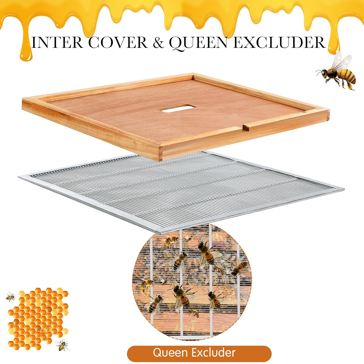 5 Pcs Beehive Parts Kit for 10 Frame Bee Hive, Telescoping Top Cover, Metal Queen Excluder, Inner Cover, Hive Screened Bottom Board and Entrance Reducer for Beekeeping, Dipped in Beeswax