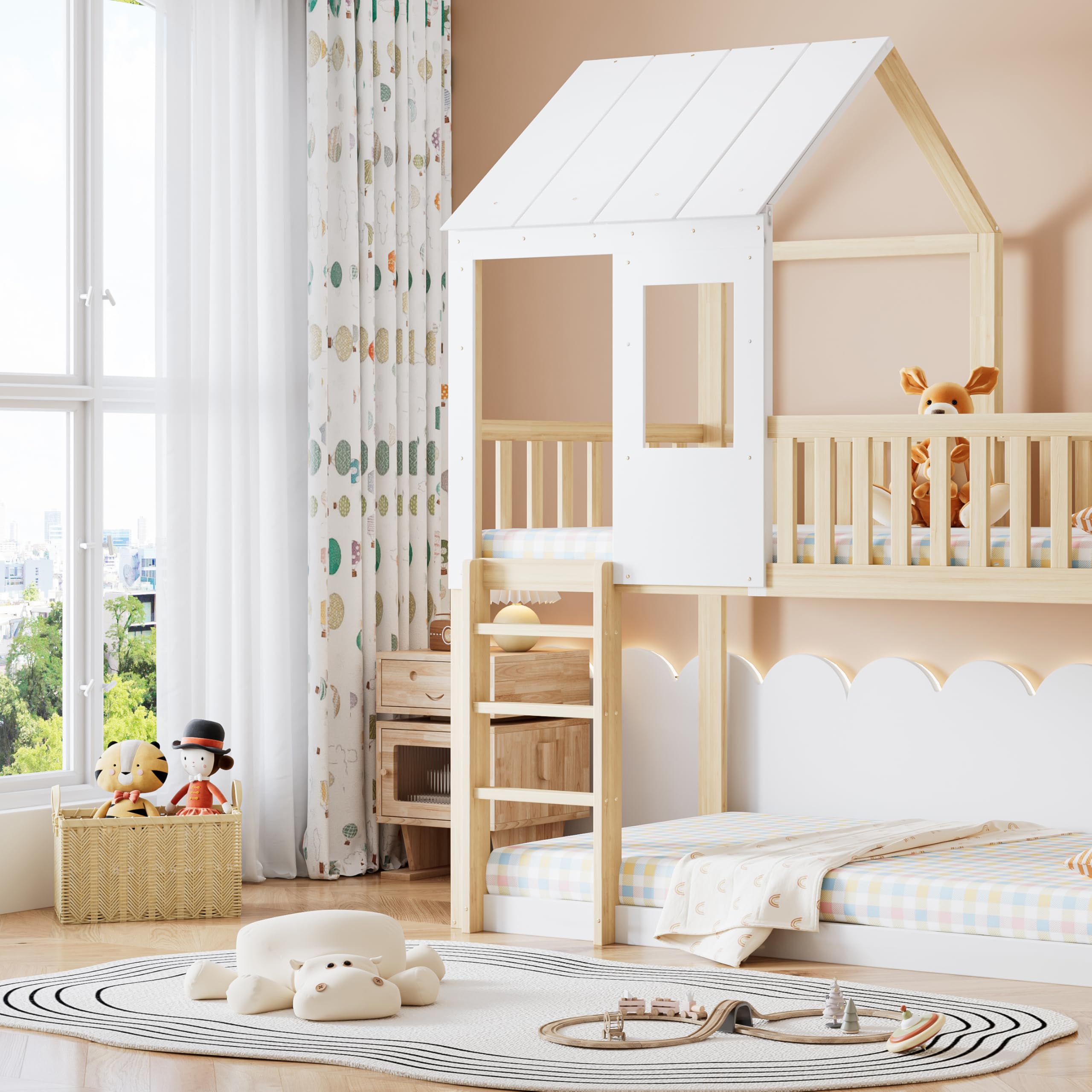 Letto a soppalco con scala ad angolo retto e scivolo, letto per casa con tetto e finestra, letto per bambini con protezione anti-caduta e griglia, struttura in pino, Natural+Bianco (90x200cm