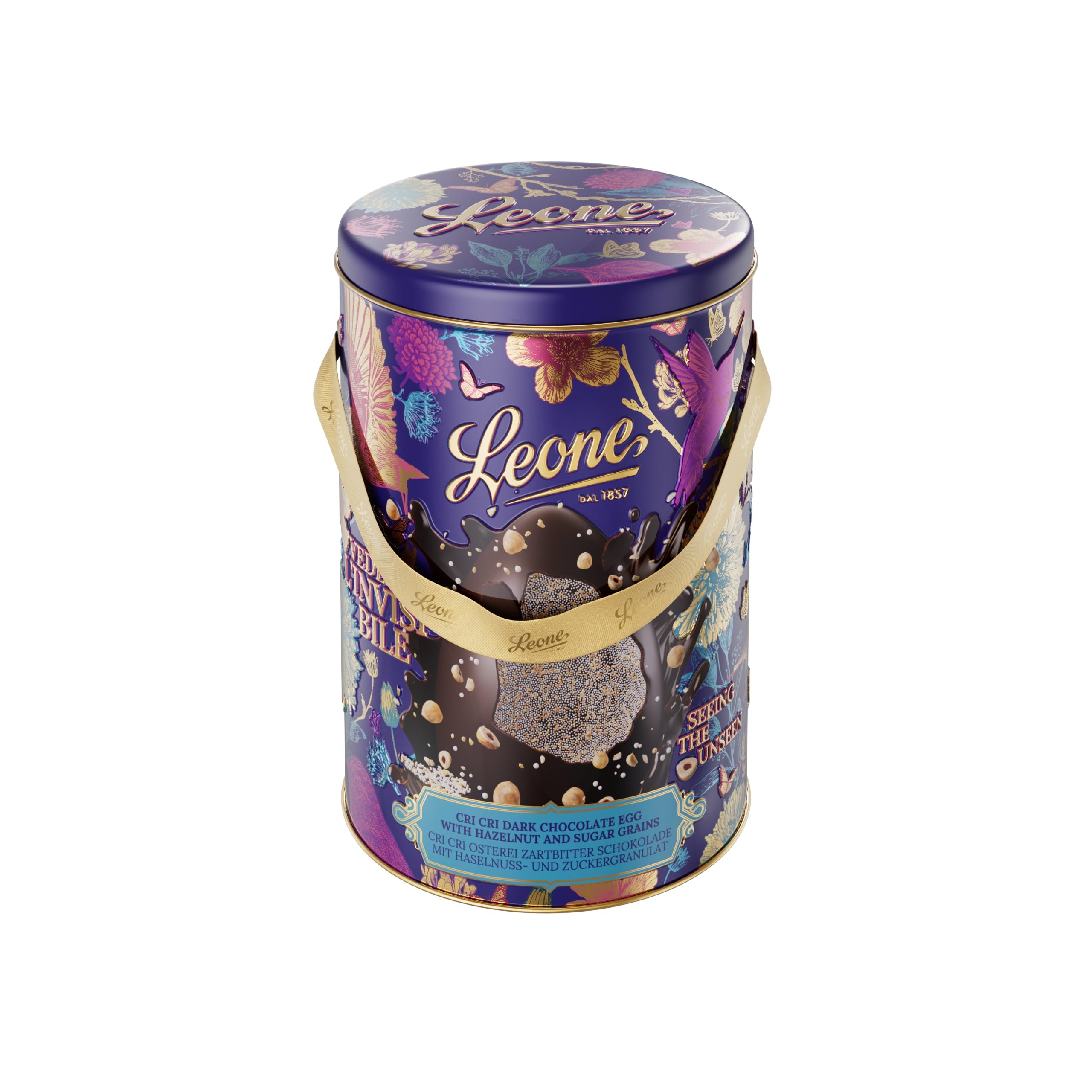 Leone dal 1857 - Uovo di Pasqua Cri Cri - Uovo di Cioccolato Fondente 70% con Granella di Zucchero e Nocciole - in Latta Regalo - Con Sorpresa - Vegano e Senza Glutine - 350g