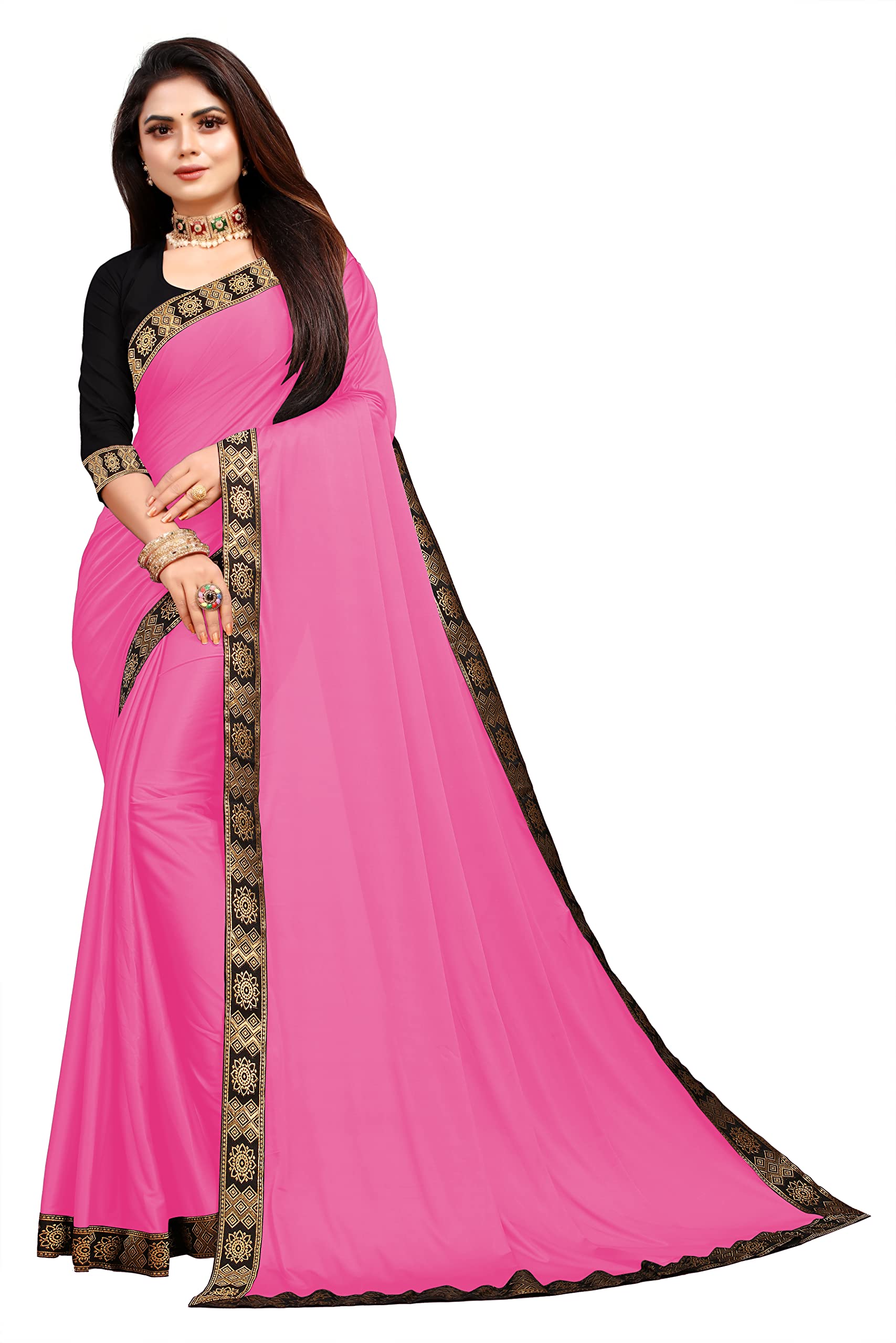 3Buddy FashionWomen's Lycra Plain Jacquard Lace Border Gorgeous Saree with Blouse Piece