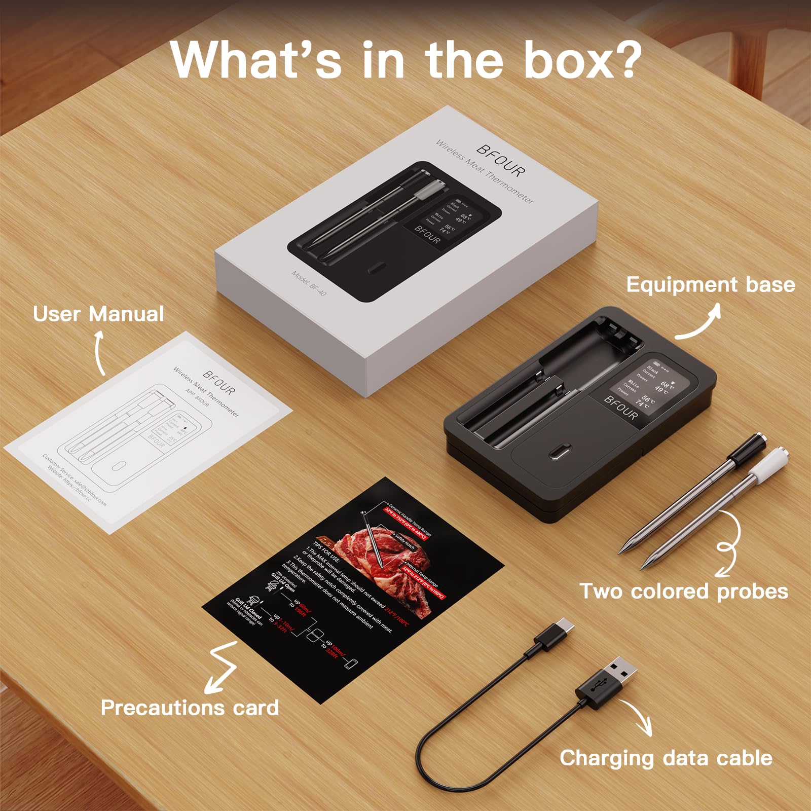 BFOUR Termometro per carne, termometro con 2 sonde intelligenti, monitoraggio tramite app con timer e allarme, impermeabile e resistente al calore, termometro per barbecue, forno, barbecue