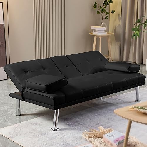 Miniatura 5 de Anwick Sofá futón de cuero moderno, sofá cama plegable convertible reclinable para espacios pequeños, apartamento, oficina, dormitorio, con