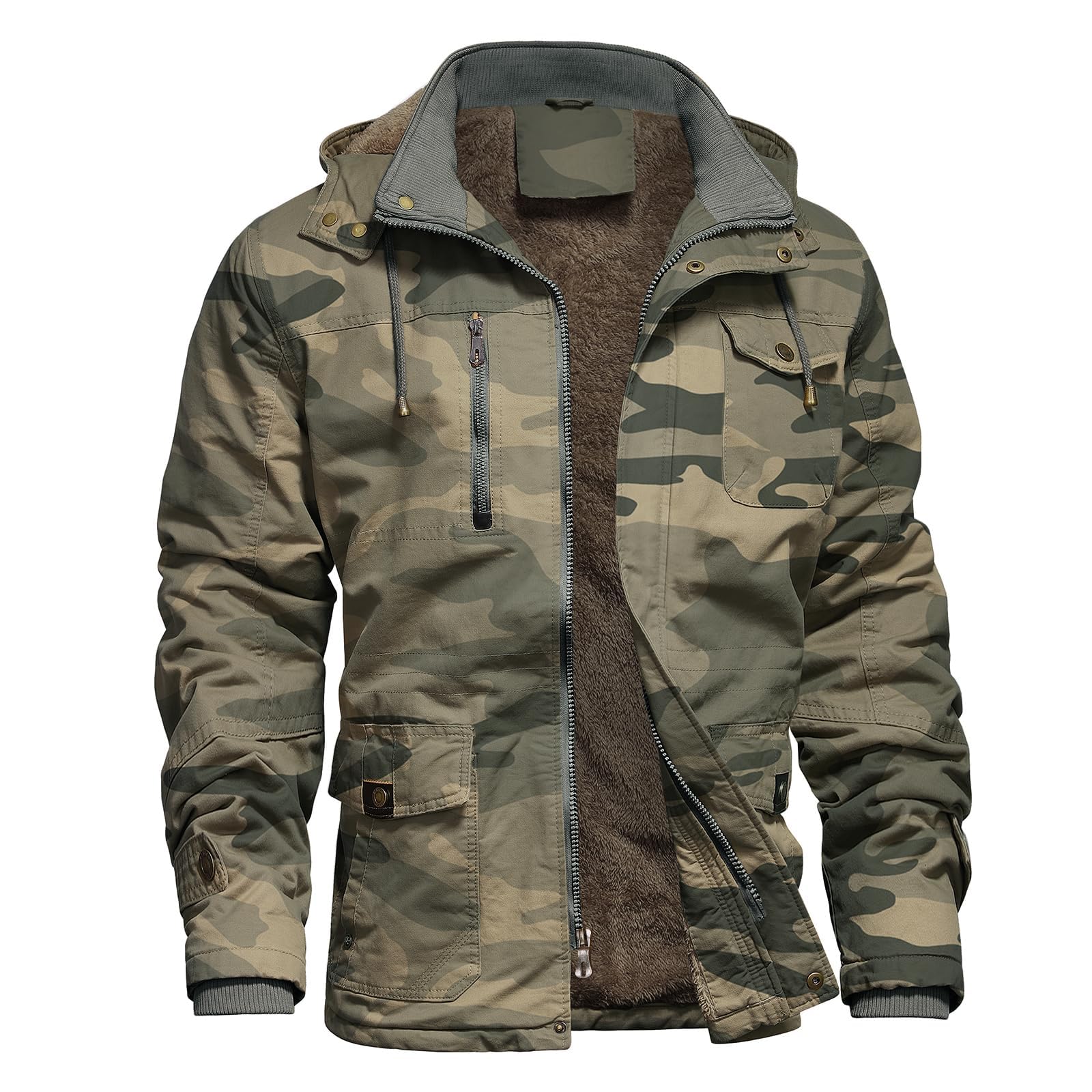 Mens Jacket Winter Casual Fleece Lined Cotton Thick Military Tactical Hooded Work Coats with Cargo Pockets