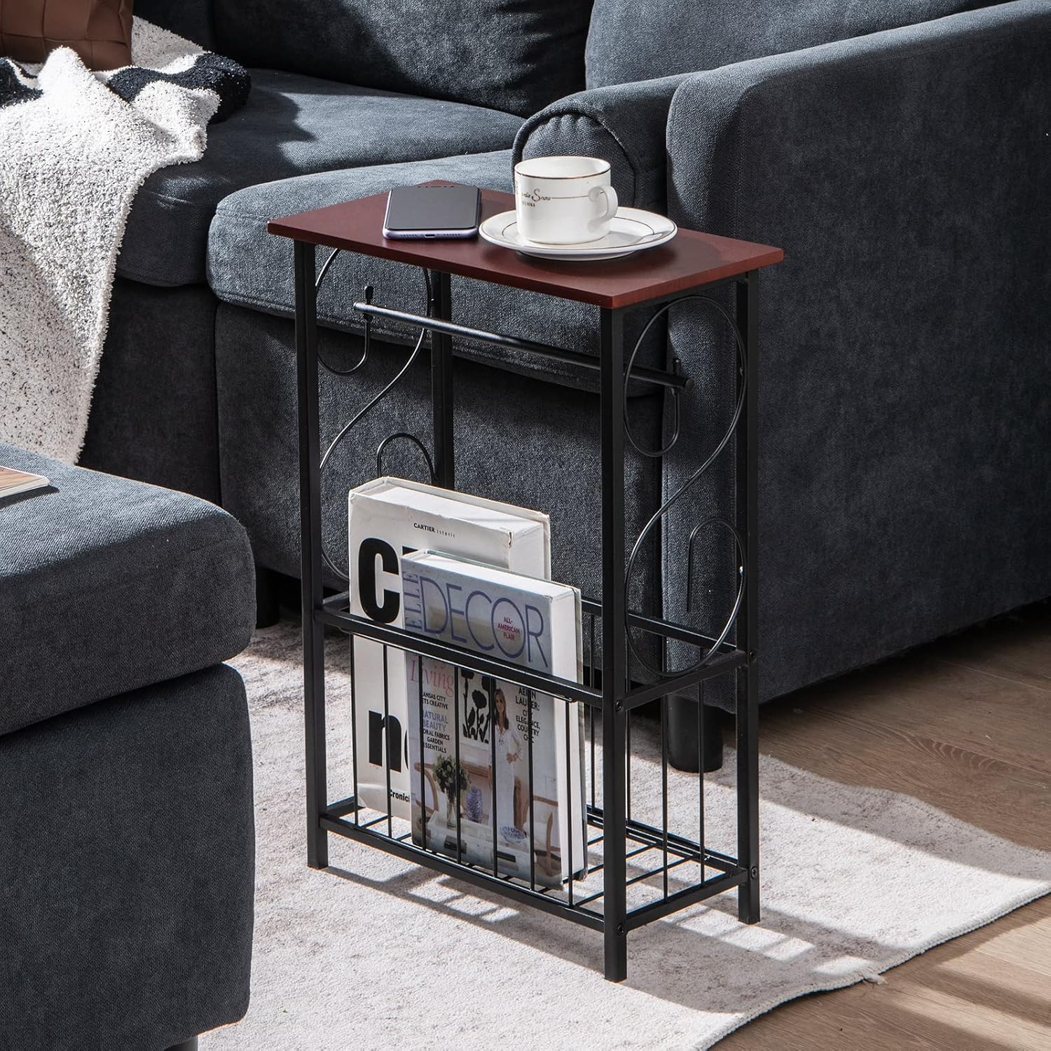 Giantex Side Table w/Paper Holder, Set of 2 Narrow Side Table w/Storage Basket & Steel Frame for Living Room Bedroom Bathroom Toilet, End Table for Small Space