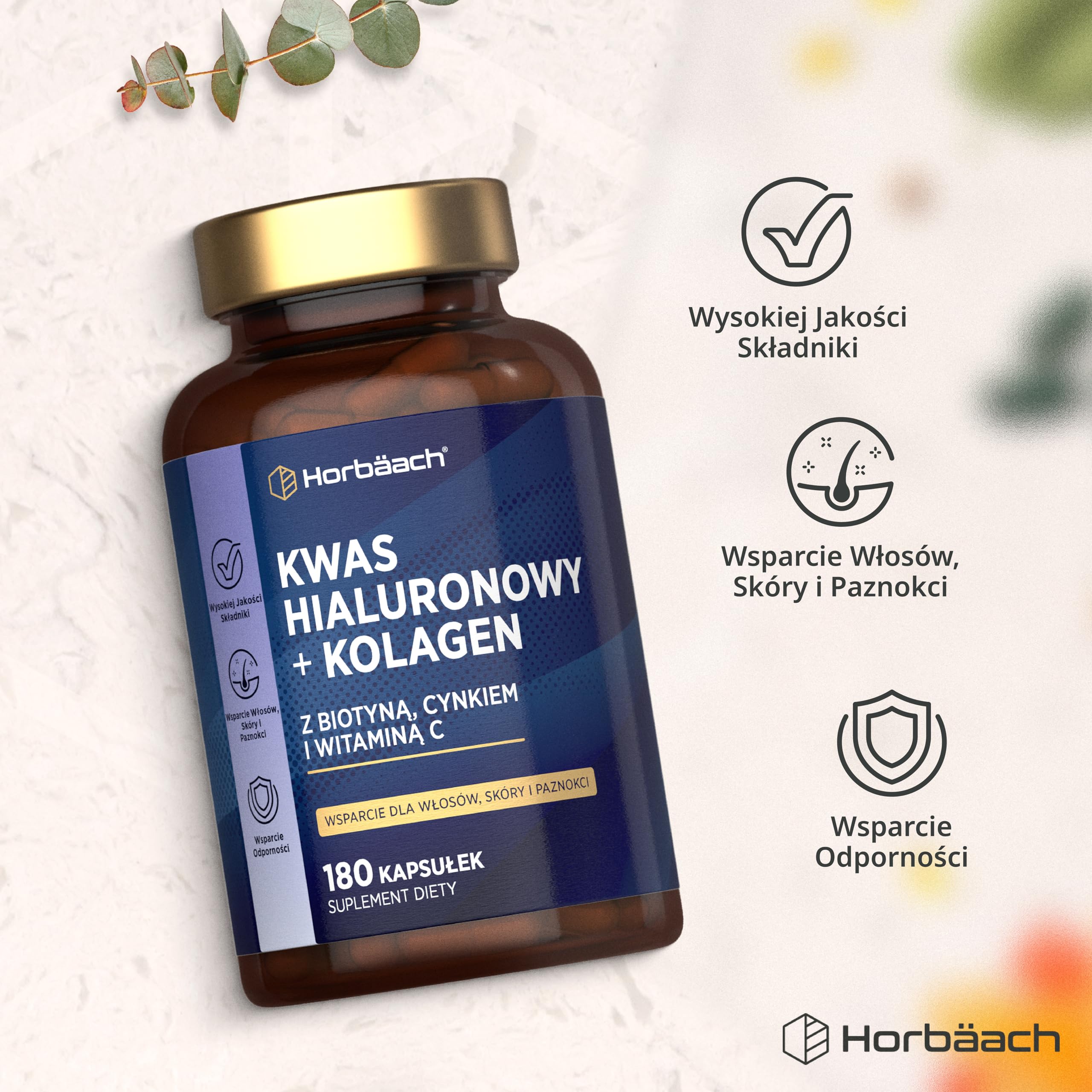 Kolagen z Kwasem Hialuronowym | Hydrolizowane Peptydy Kolagenu Typu I i III | Z Dodatkiem biotyny, cynku i Witaminy C | Suplement na Włosy, Skórę i Paznokcie | 180 Kapsułek | marki Horbaach