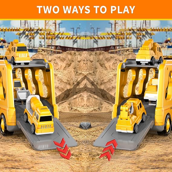 5 in 1 Construction Vehicles Toy for Boys Ages 3 4 5 Years and Up, Car Transporter Truck with 4 Small Cars, Friction Crane, Mixer, Buldozer, Excavator, Gift for 2 3 Year Old Children
