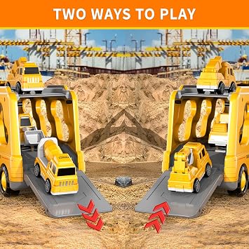 5 in 1 Construction Vehicles Toy for Boys Ages 3 4 5 Years and Up, Car Transporter Truck with 4 Small Cars, Friction Crane, Mixer, Buldozer, Excavator, Gift for 2 3 Year Old Children