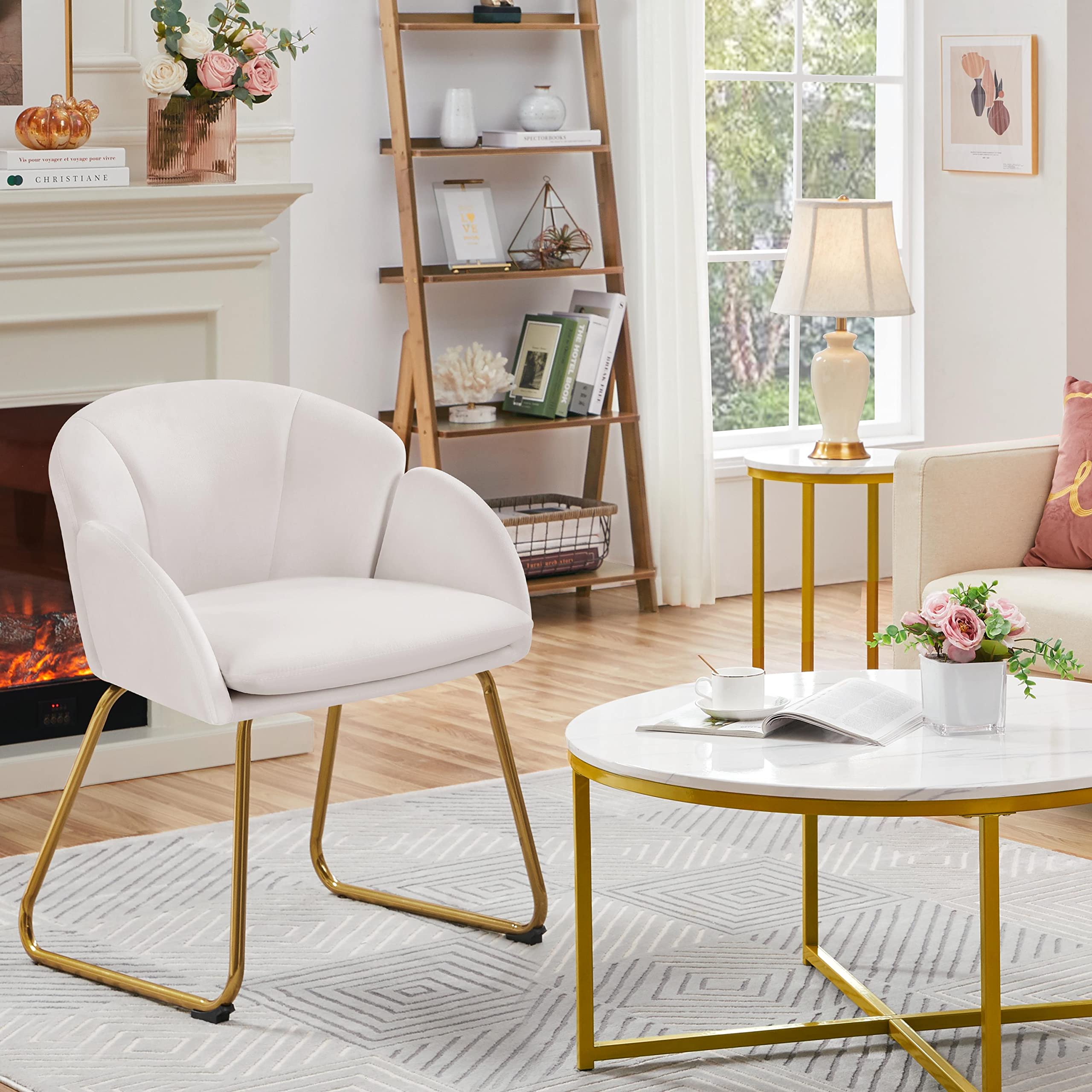 Yaheetech Fauteuil de Chambre à Coucher, Salon, rembourré, Haut Moderne, Ergonomique, en Velours, avec Dossier Circulaire, accoudoirs, Pieds en métal, Charge 136 kg Blanc