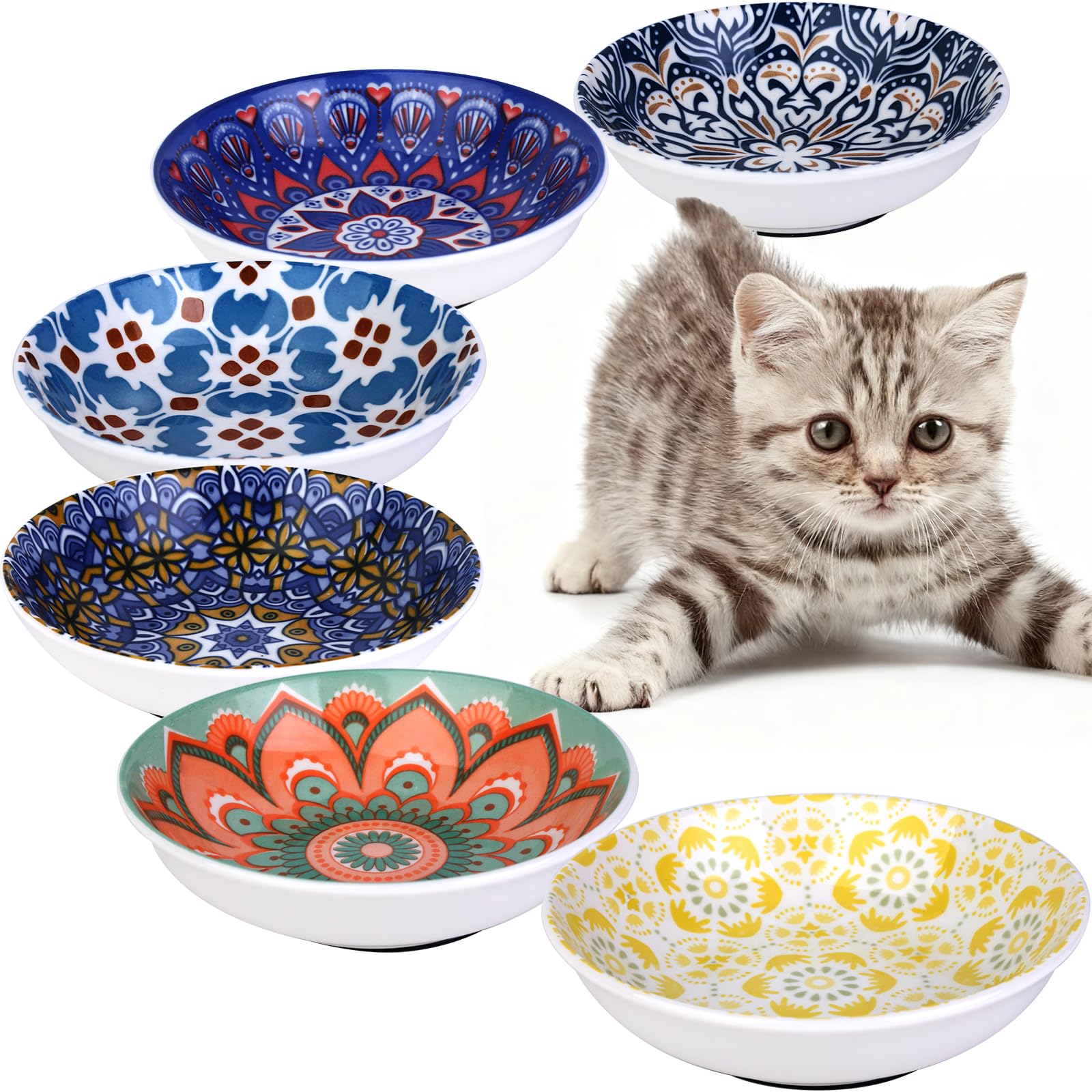 Ceramic Cat Food Bowls,6 Pack Colorful Cat Bowls Set,Anti-Slip Cats Dishes,Whisker Friendly Wide Pet Bowls for Indoor,5.75 inch Cute Kitten Plates for