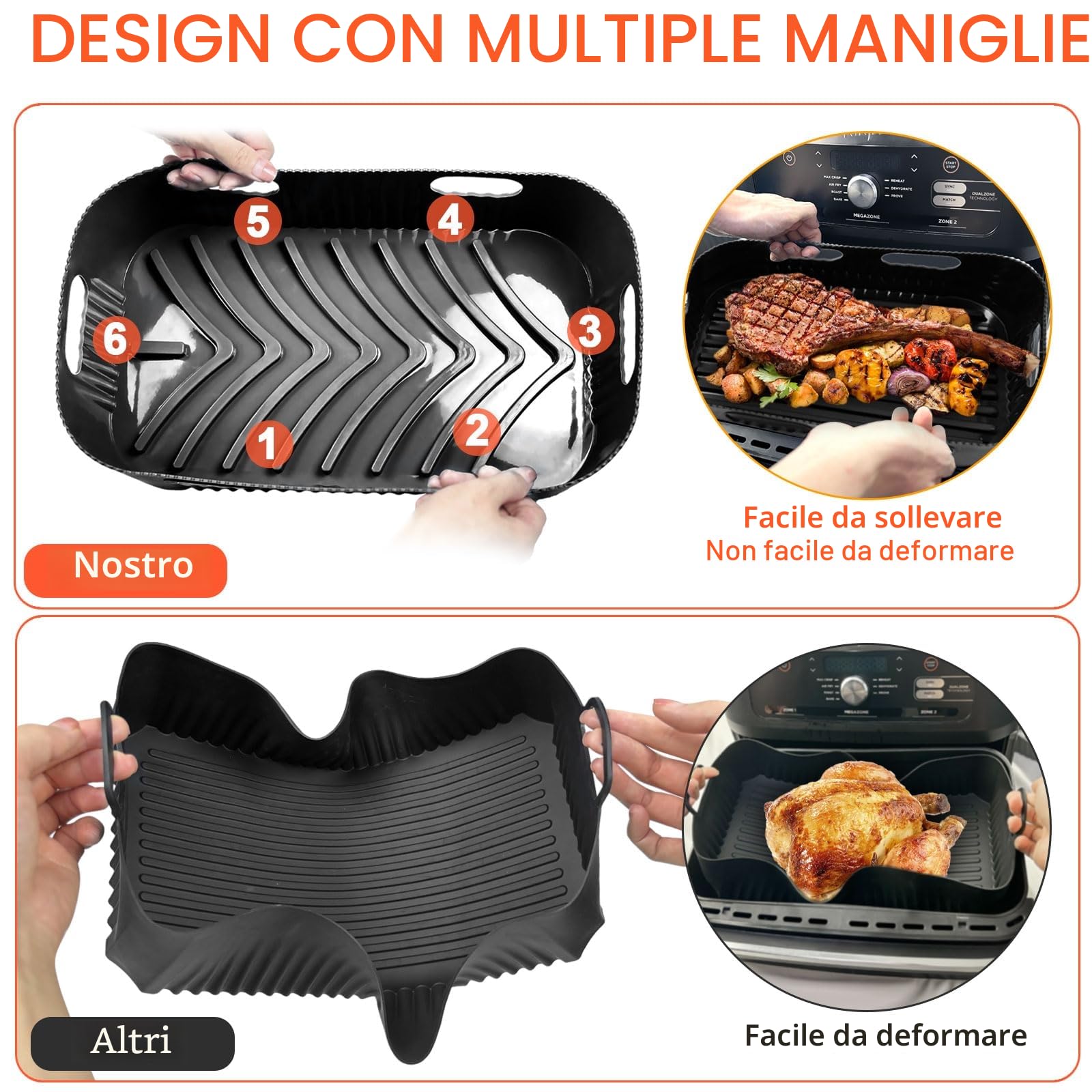 3PCS Accessori Friggitrice ad Aria in Silicone, Rettangolare Teglie Cestino Friggitrice ad Aria per Ninja AF500EU, COSORI 10L, Riutilizzabile Contenitori per Friggitrice (1 * 10,4 l+2 * 5,2 l)