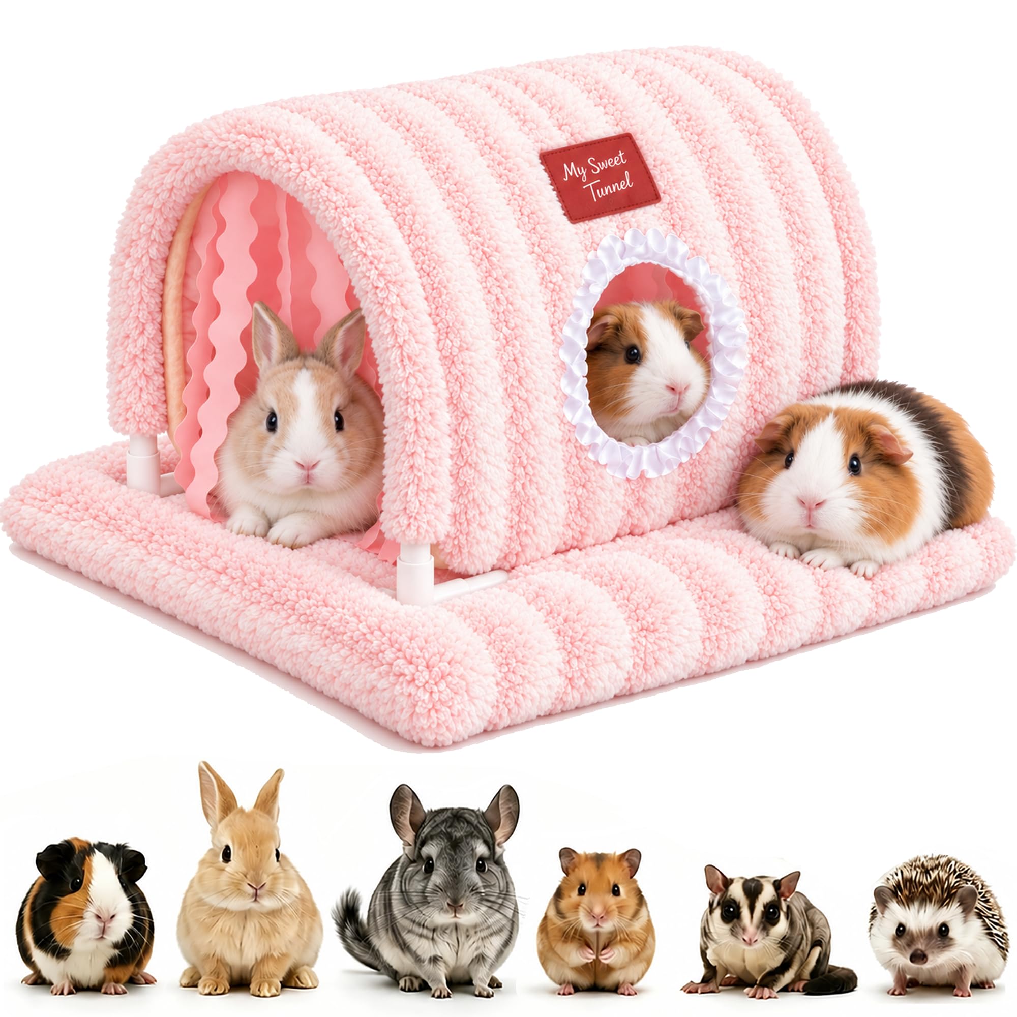 BShasrlim Guinea Pig Hideout Tunnel - Stable Washable Small Animal Tunnel Hide with Curtains,Guinea Pig Accessories for Hamster/Chinchilla/Dwarf Rabbit/Ferret (Pink Tunnel+Bed, Large)