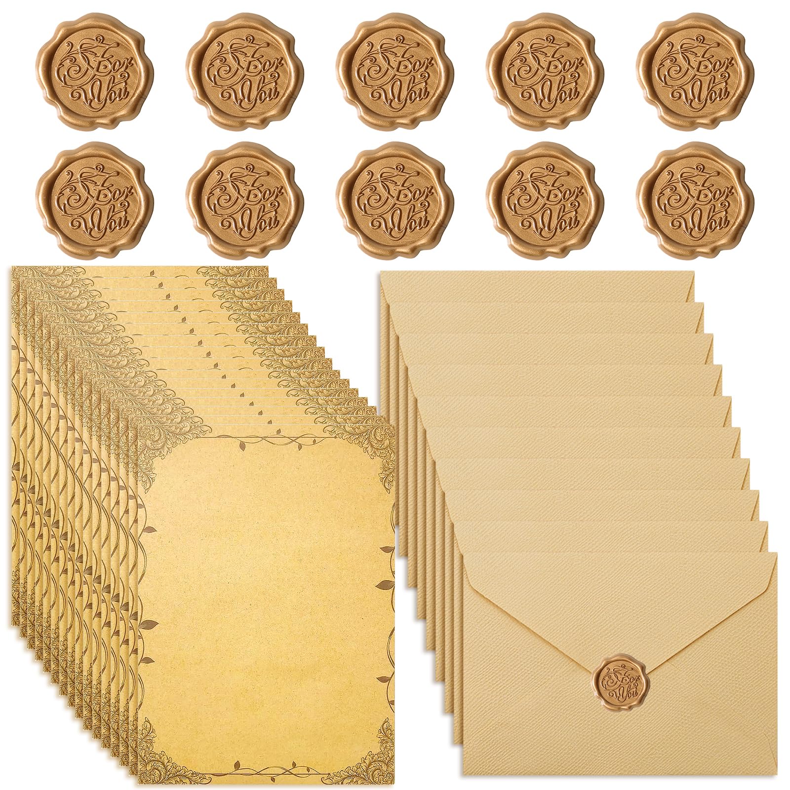 Ensemble Papeterie Vintage Luxe : 16 Feuilles Papier Lettre Kraft Ancien, 10 Enveloppes Vintage & 10 Autocollants Sceau Cire 'For You' Pour Invitations