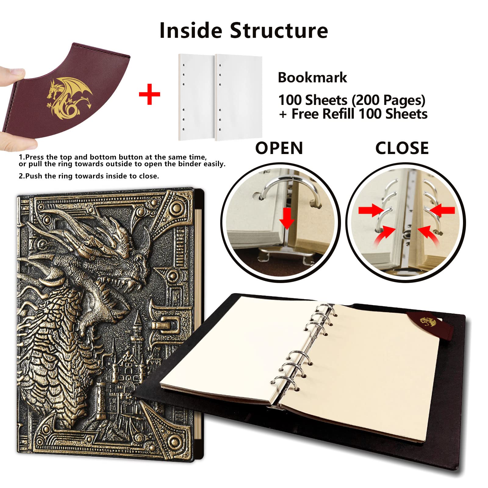 Ancient Deer DND Carnet rechargeable en cuir vintage 3D avec marque-page pour donjons et dragons Accessoires D&D Excellent cadeau DM GM et joueur (dragon brone)