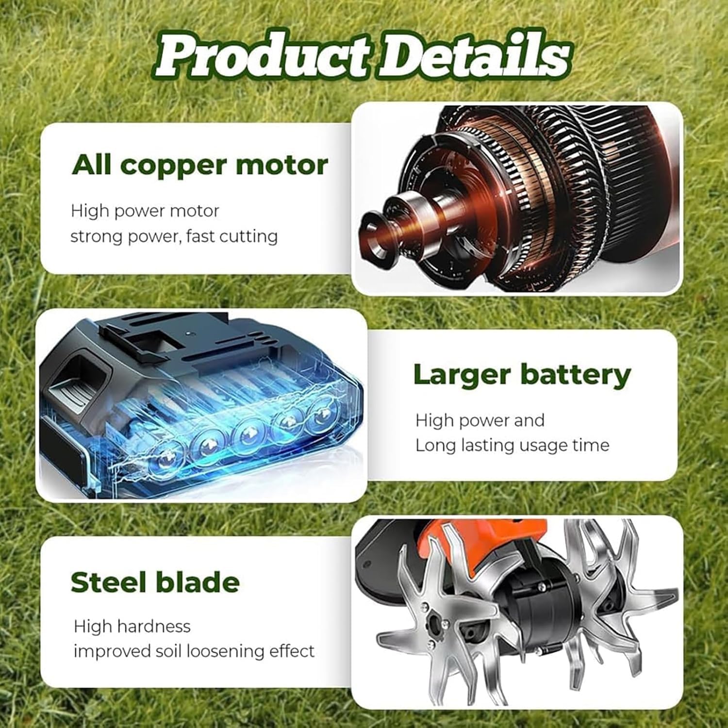 Cultivador eléctrico inalámbrico 21V, 235 RPM, Ancho y Profundidad de Trabajo 10 cm, con 2 baterías, Herramienta portátil Ligera para aflojar la Tierra del jardín y Eliminar Malas Hierbas