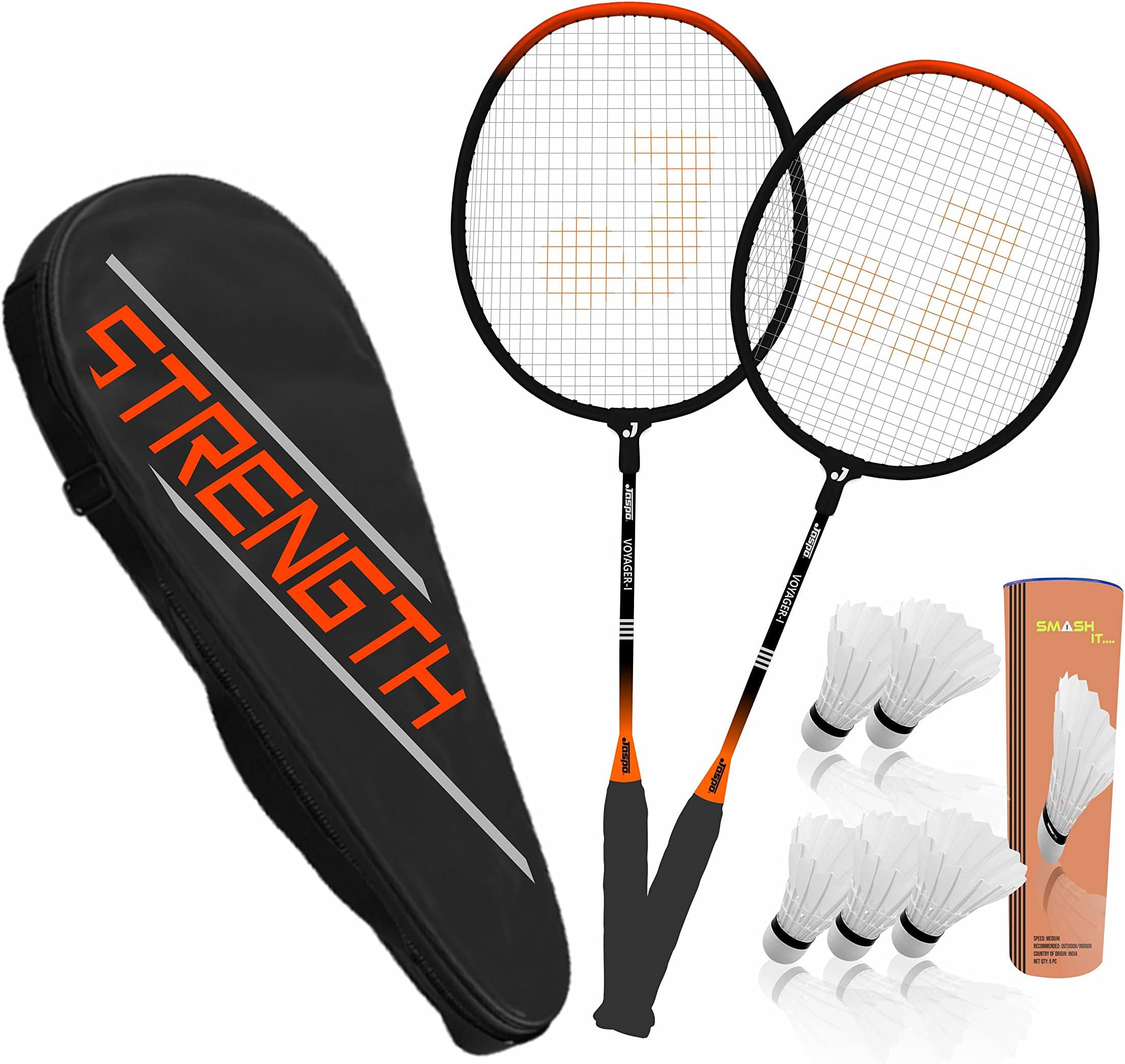 JaspoGET Set Steel Badminton Racket Combo Set, Lightweight Badminton Racquet (1 Pair) with 5 pc Feather shuttlecocks and 1 Carrying Bag for Outdoor Games Suitable for Beginners