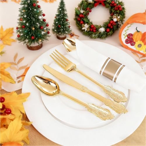 Vista 49 de Liacere 30 cubiertos de plástico dorado con servilletas preenrolladas, cubiertos de plástico dorado de alta calidad con mango rojo, incluye 10