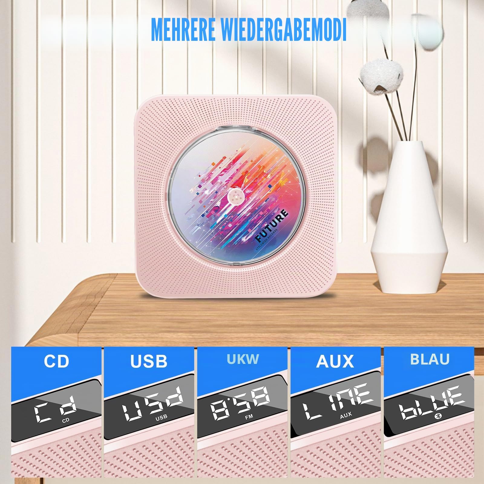 Tragbarer CD-Player mit Bluetooth, HoneTeek Desktop-Player für Heim-HiFi-Lautsprecher, CD-Musik-Fernbedienung, Timer und FM-Radio, Boombox, USB-AUX, LED-Bildschirm-Display (Rosa), (JZBA-CDBA02PK)