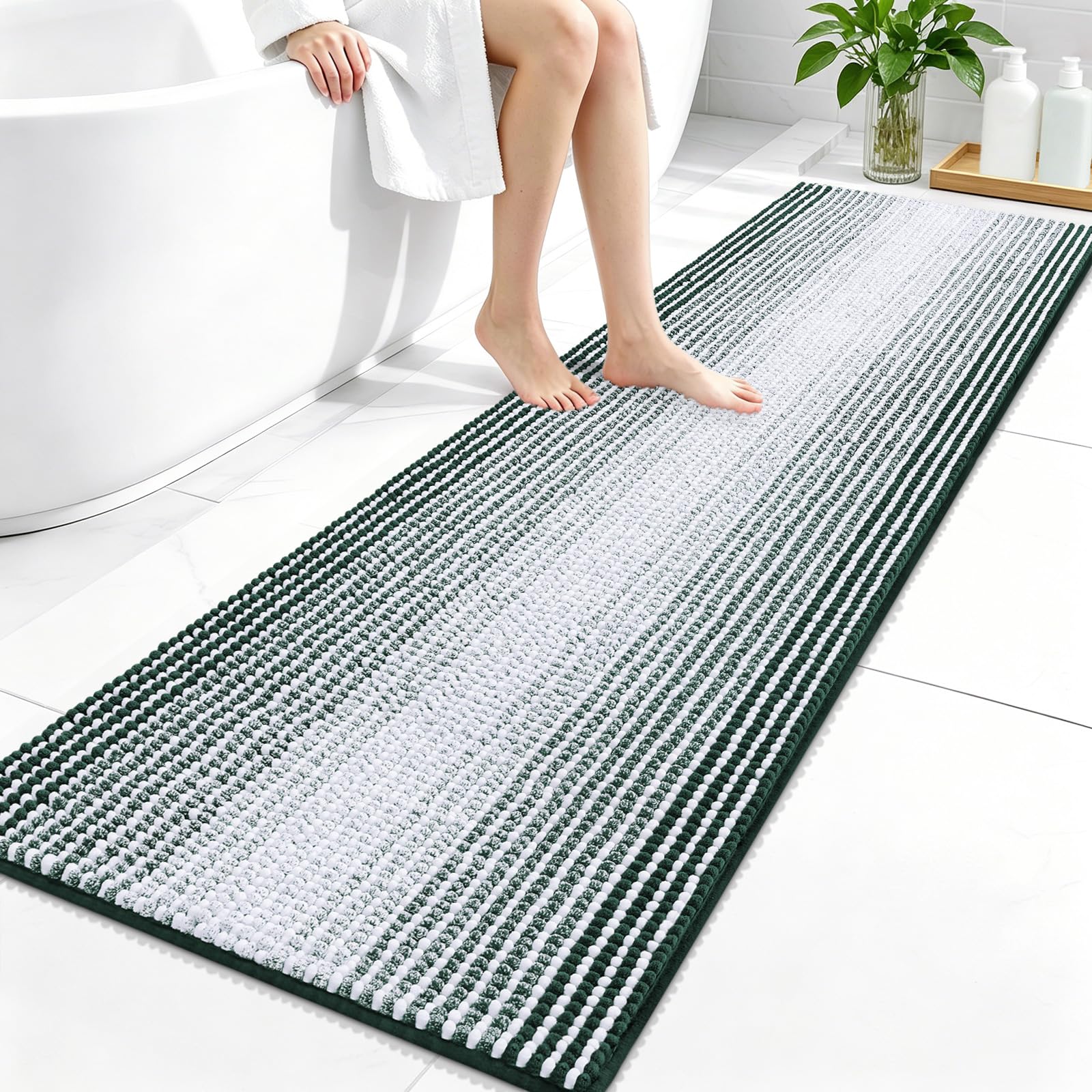 OLANLY Bathroom Runner Rugs 59x20, Soft Chenille Bath Rugs, Blackish Green