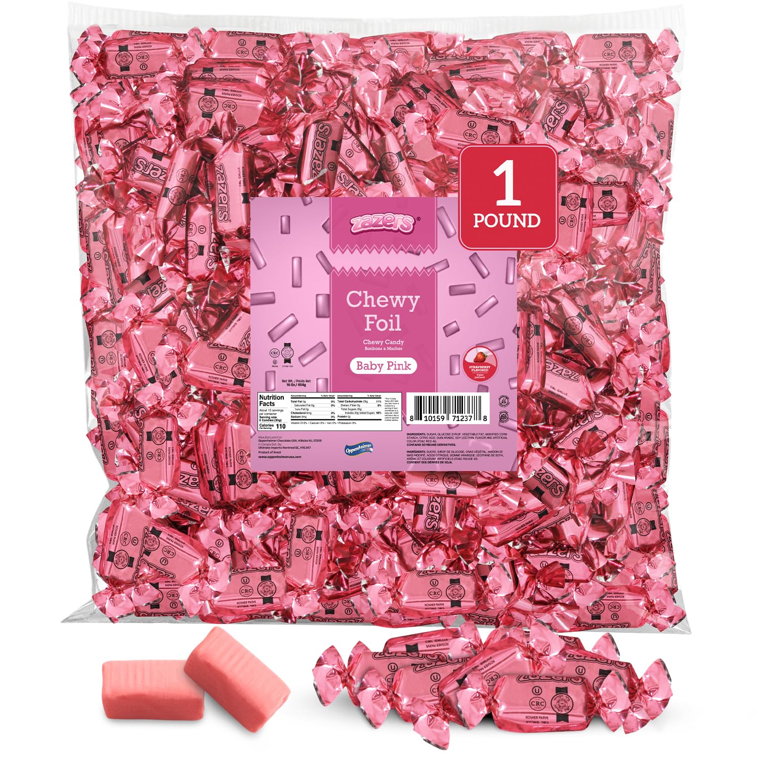 Zazers Baby Pink Chewy Foil Candy - 1 Pound - Strawberry Flavor - Individually Wrapped, Perfect for Color Themed Party Decor & Gender Reveals, Kosher, Gluten-Free, Nut-Free