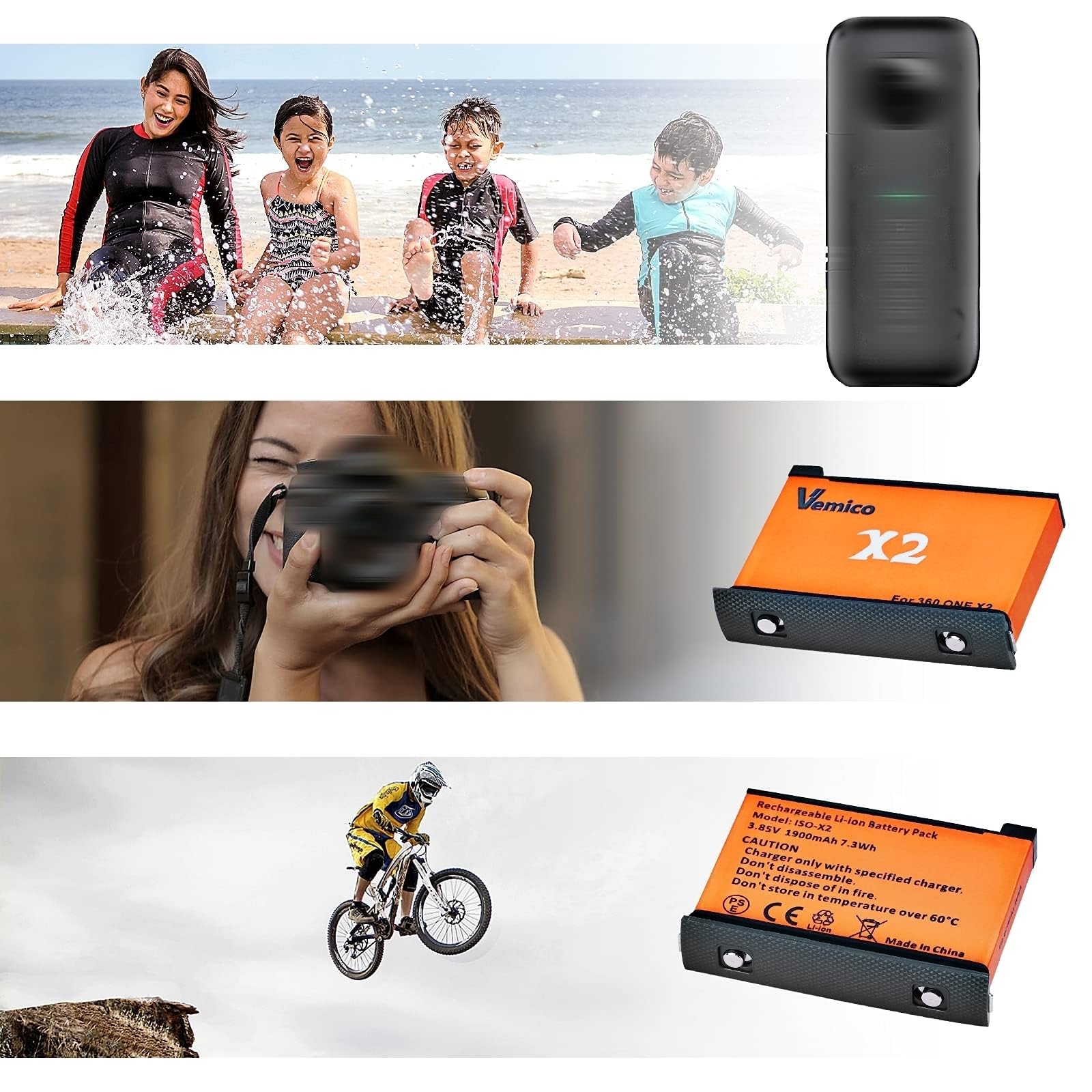 Amazon | Vemico 360 ONE X2バッテリー 充電器セット 2*1900mAh Type C  