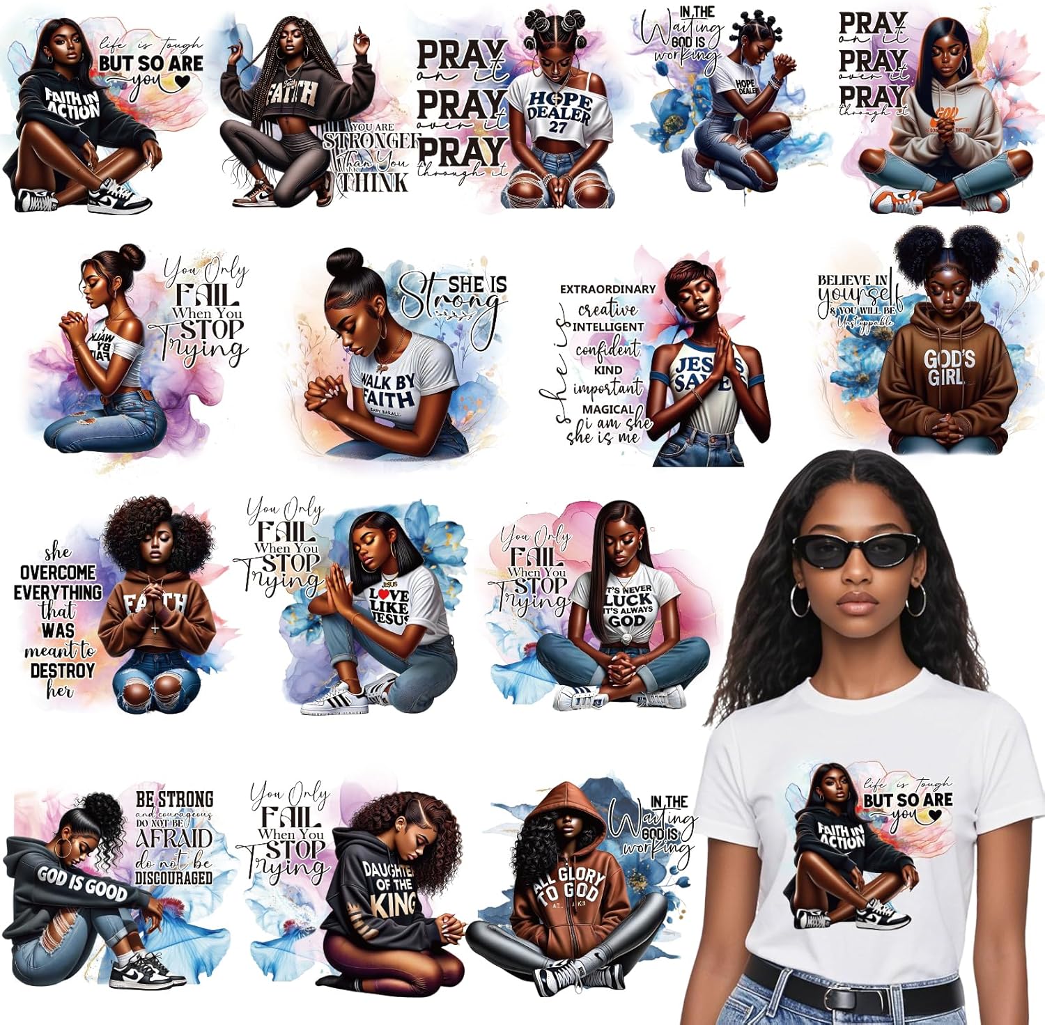 DTF Transfers Ready to Press - 15 Sheets Prayer Black Women Iron On Transfers for T-Shirts, Christian Bible Religious Iron on Patches, Heat Transfer Paper Decals for Clothes DIY