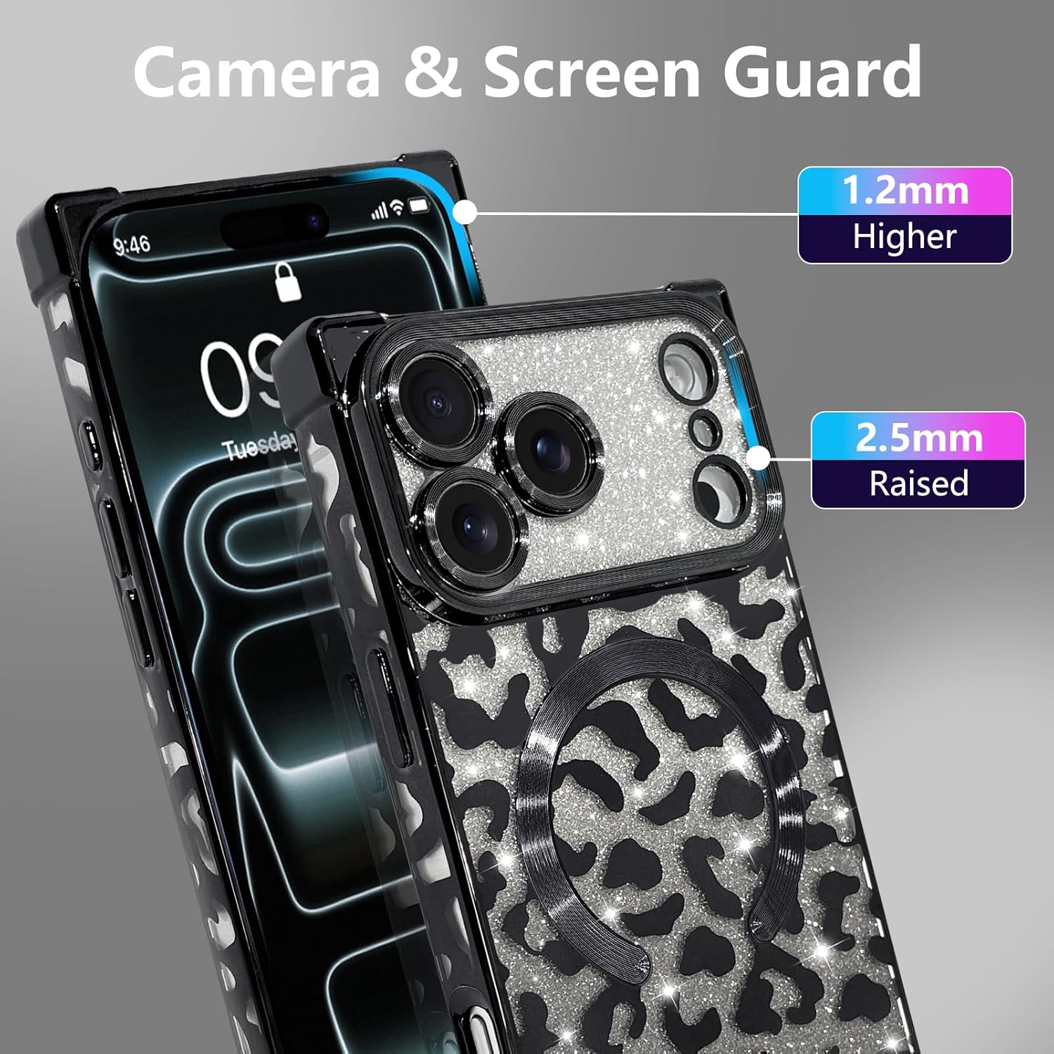 MOWIME Magnetic Case for iPhone 17 Pro Max [Compatible with Magsafe] [Luxury Plating Cheetah Print Pattern] [1 Screen Protector] Soft TPU Protective Leopard Case for iPhone 17 Pro Max 6.9", Black - Image 4